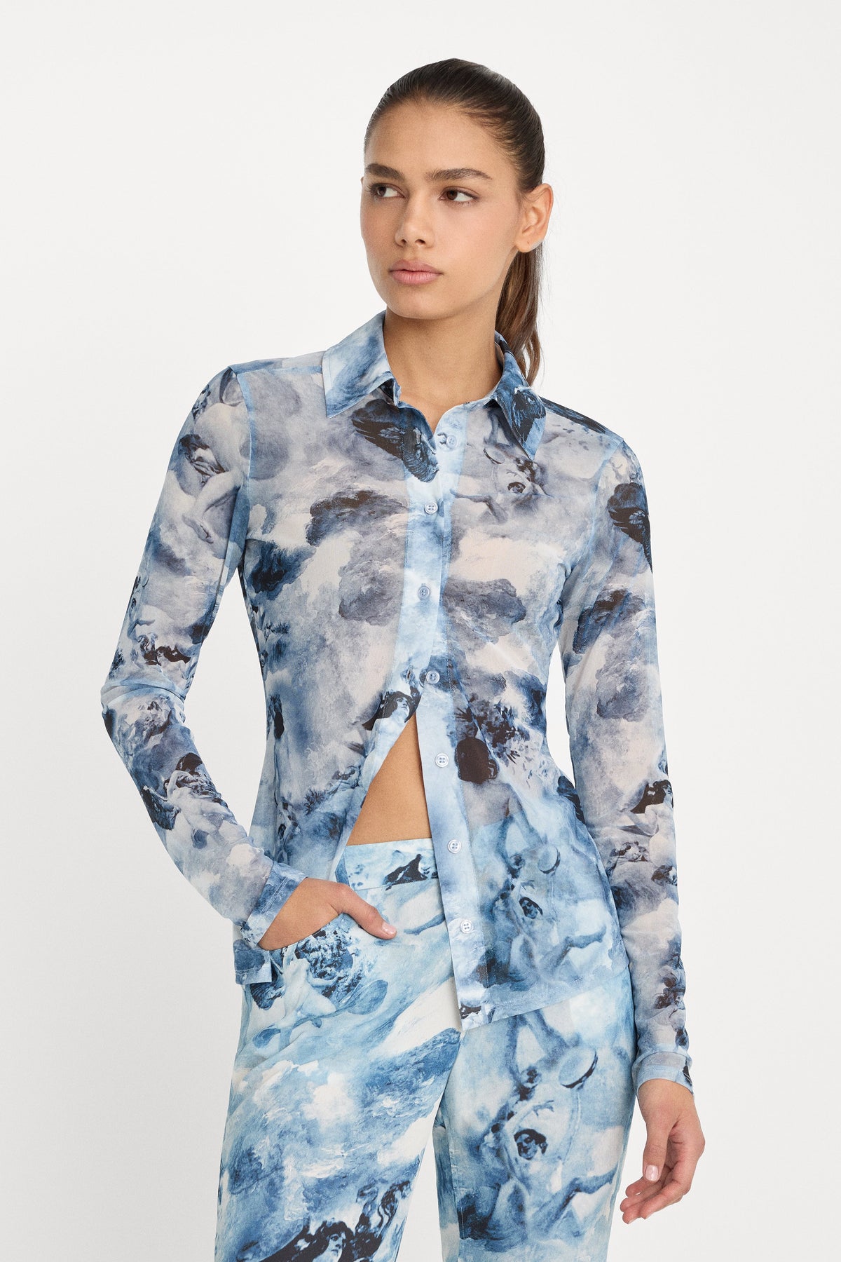 MESH BUTTON UP TOP BLUE ANGEL PRINT