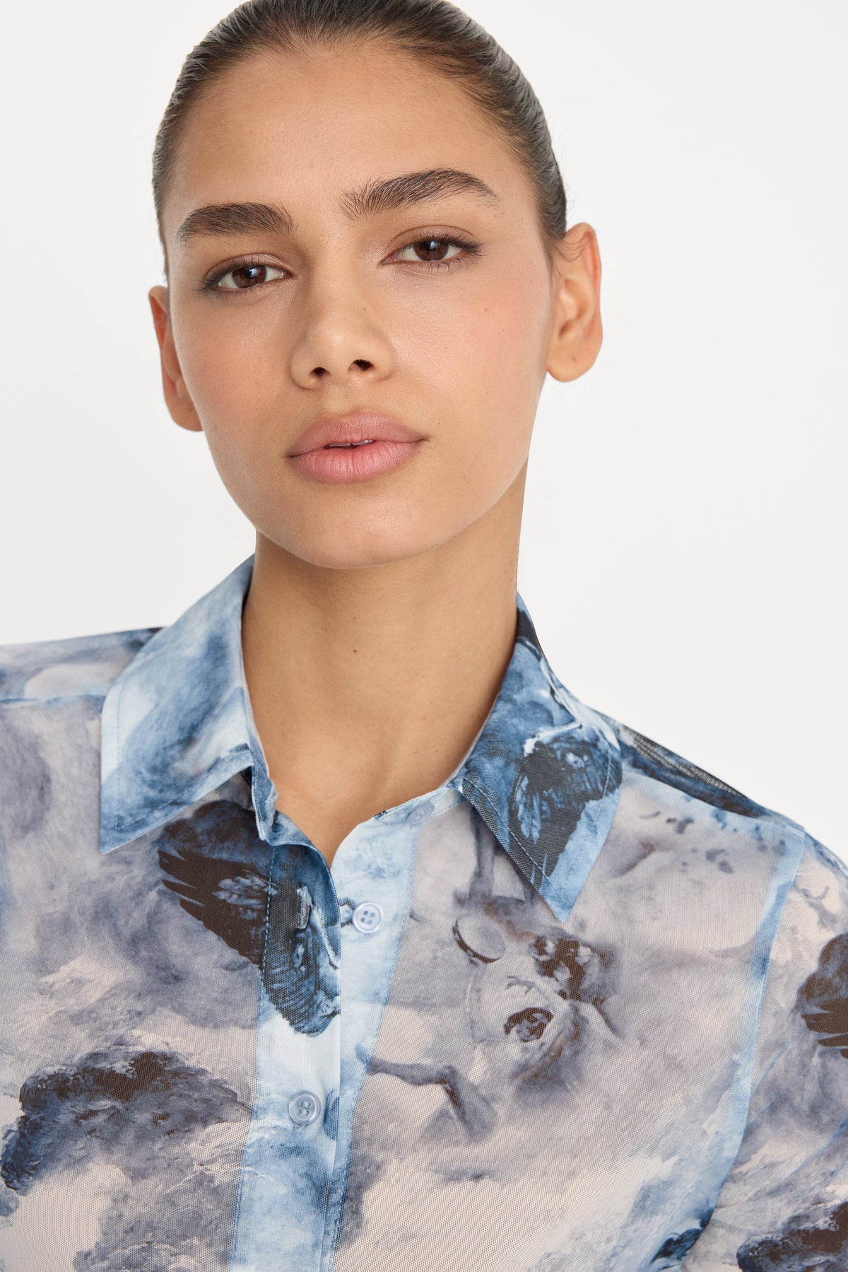 MESH BUTTON UP TOP BLUE ANGEL PRINT