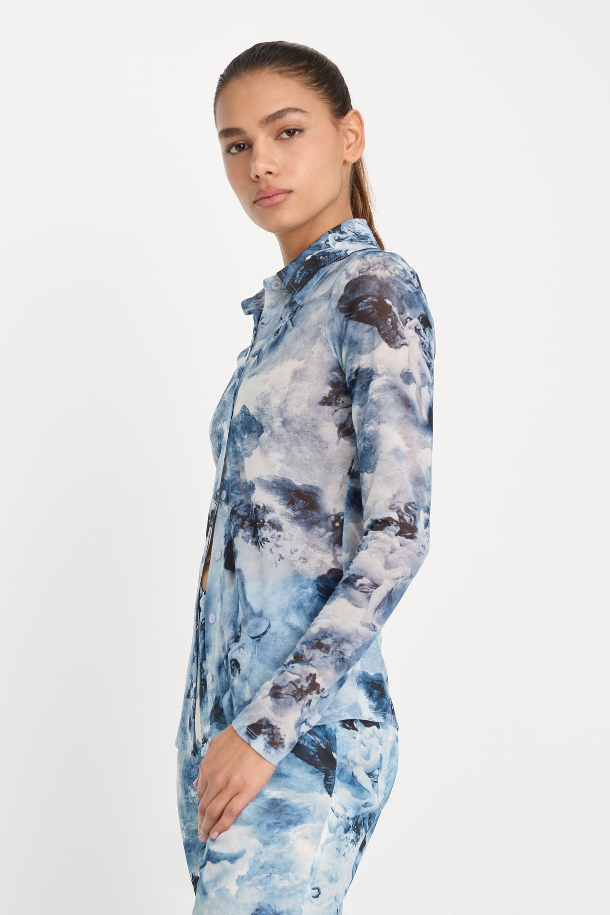 MESH BUTTON UP TOP BLUE ANGEL PRINT