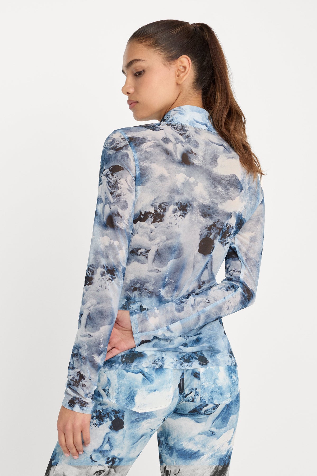 MESH BUTTON UP TOP BLUE ANGEL PRINT