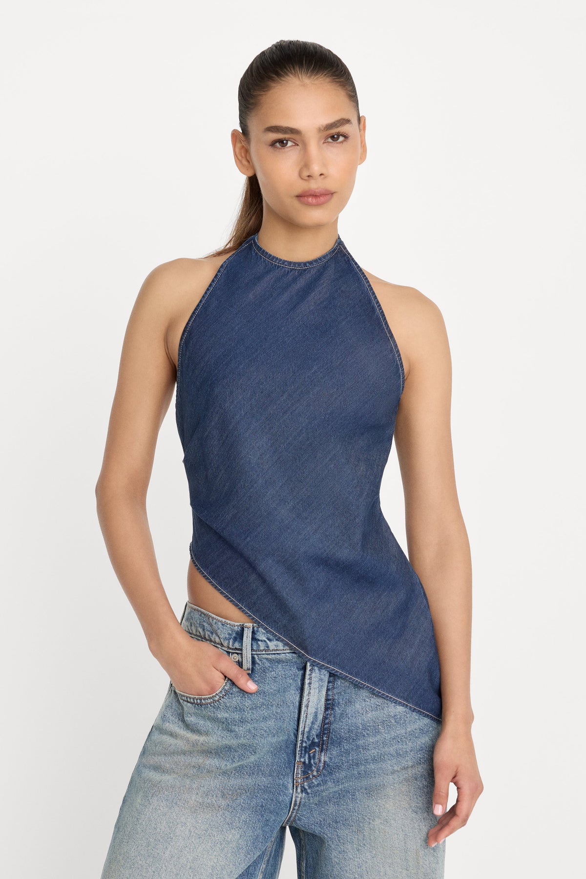 ASYMMETRIC HEM HALTER TOP INDIGO1187