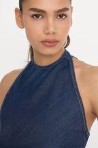 ASYMMETRIC HEM HALTER TOP INDIGO1187