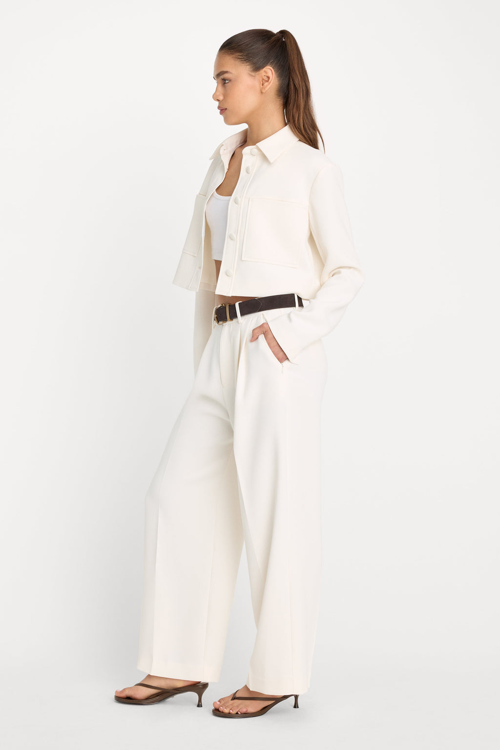 LUXE SUITING HIGH-RISE CROPPED WIDE LEG TROUSER SOFT SHELL