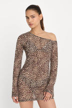 PRINT MESH ASYMMETRIC LONG SLEEVE MINI DRESS LUCKY LEOPARD001