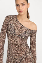 PRINT MESH ASYMMETRIC LONG SLEEVE MINI DRESS LUCKY LEOPARD001