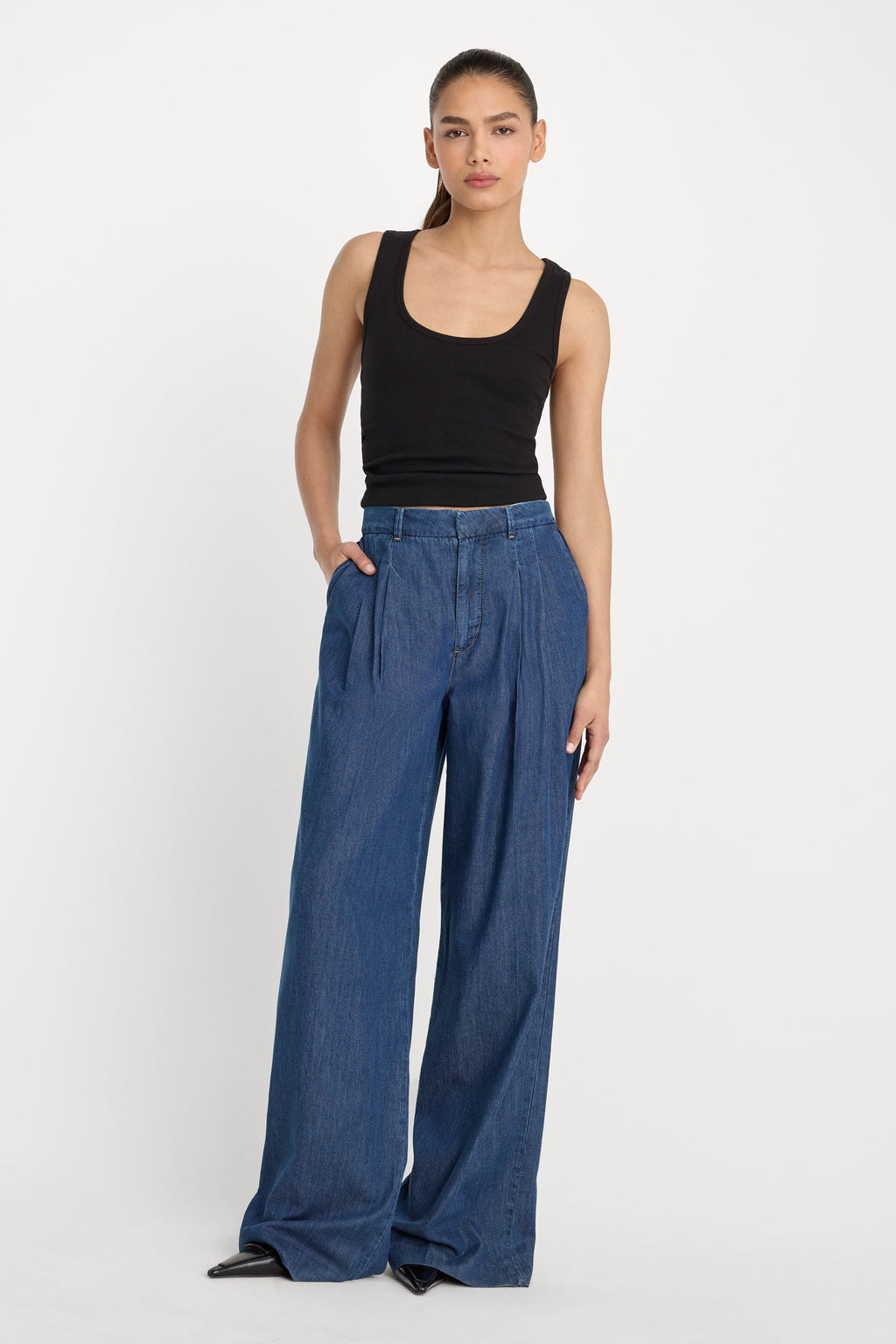 PLEATED HIGH WAISTED WIDE LEG TROUSER INDIGO1187