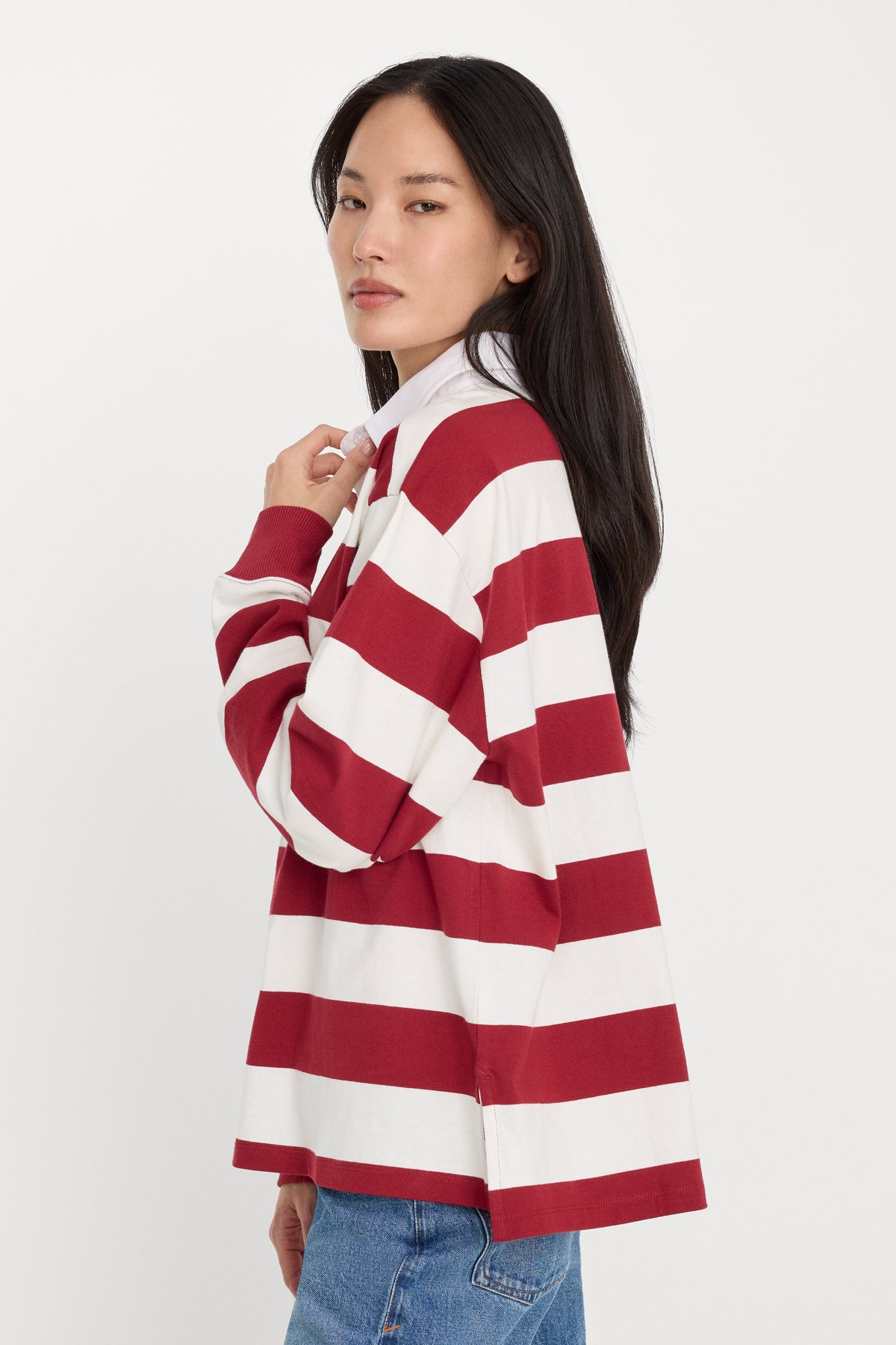 OVERSIZED RUGBY TEE MERLOT AND CHALK RUGBY STRIPE