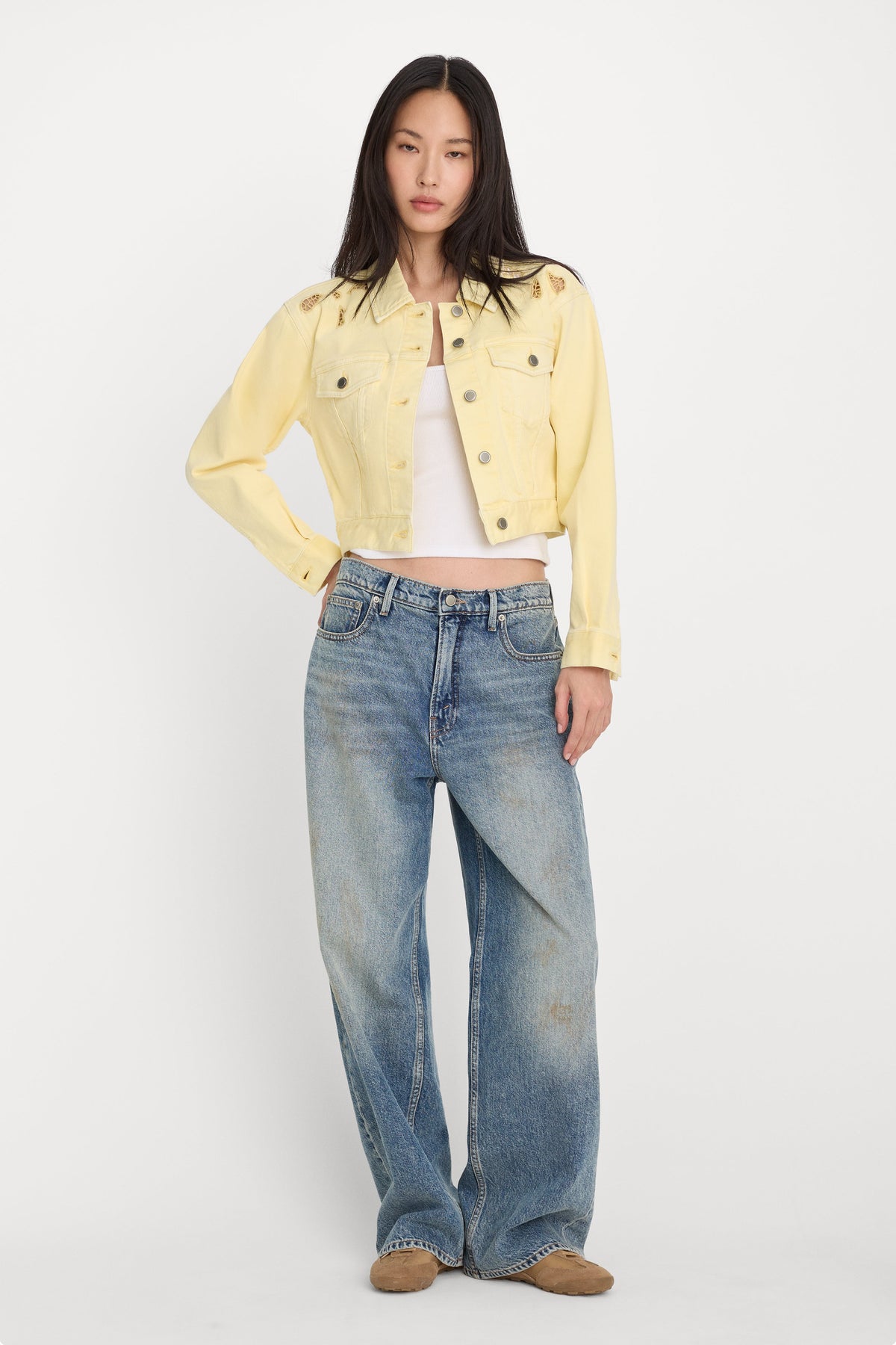 ESSENTIAL CROP DENIM JACKET EMBROIDERED ANISE YELLOW