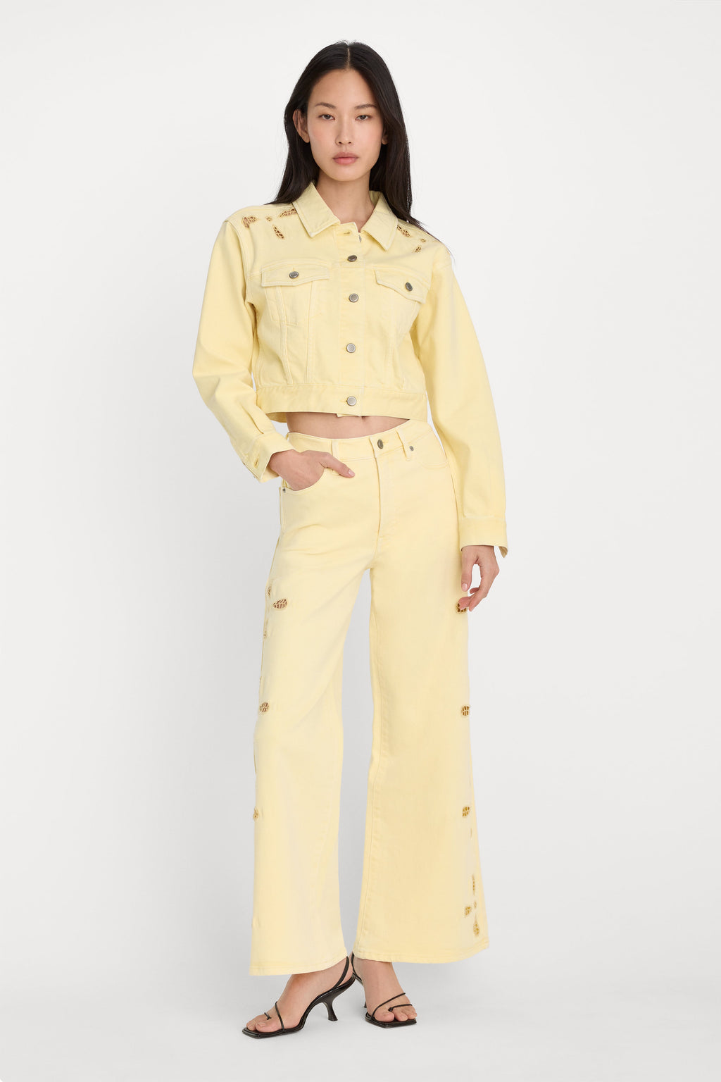 GOOD WAIST PALAZZO ANKLE EMBROIDERED JEANS ANISE YELLOW
