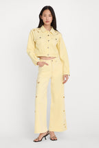 GOOD WAIST PALAZZO ANKLE EMBROIDERED JEANS ANISE YELLOW