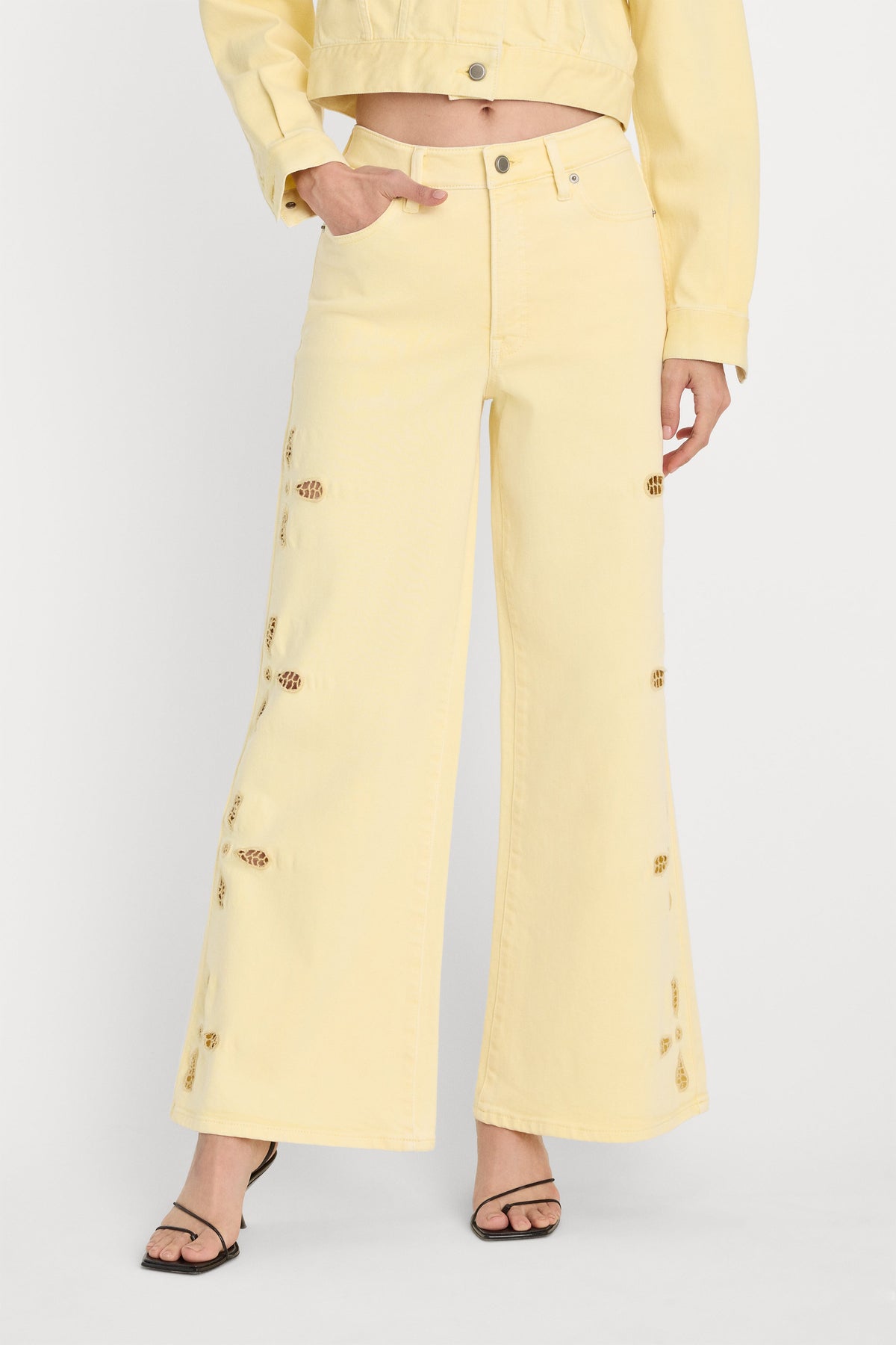 GOOD WAIST PALAZZO ANKLE EMBROIDERED JEANS ANISE YELLOW