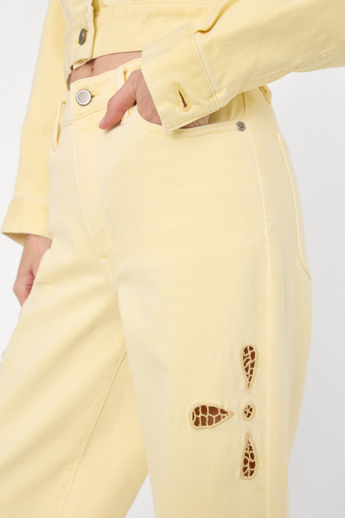 GOOD WAIST PALAZZO ANKLE EMBROIDERED JEANS ANISE YELLOW