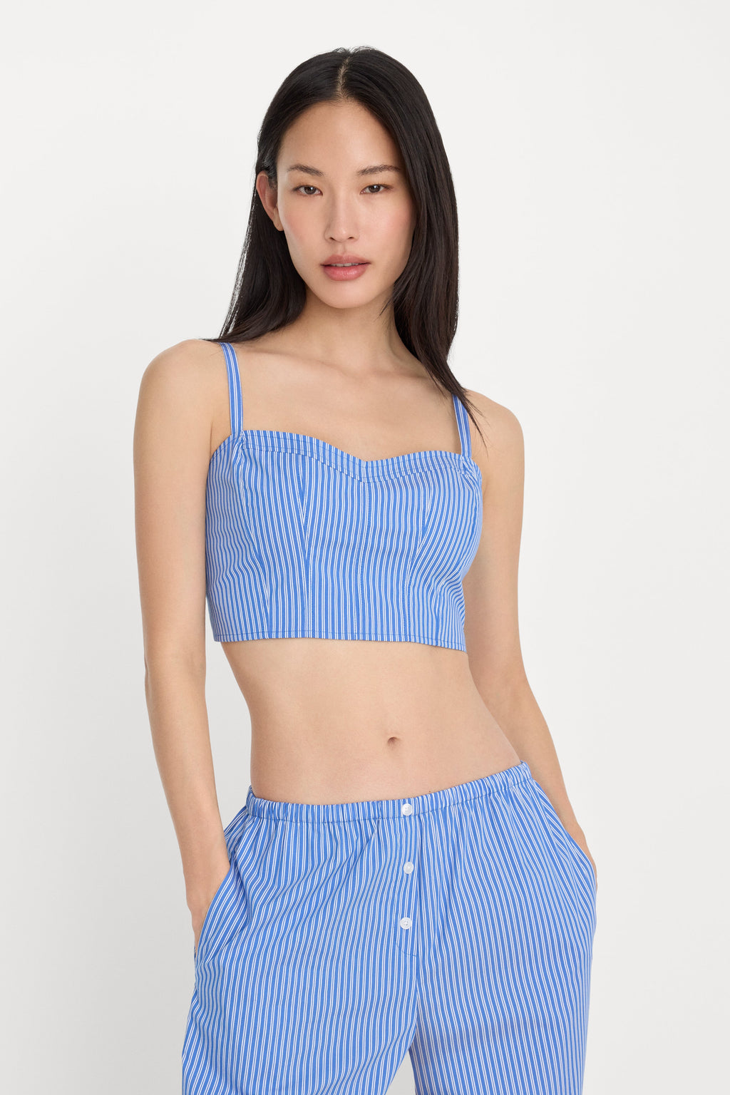 POPLIN BUSTIER CAMI TOP BLUE AND WHITE STRIPE