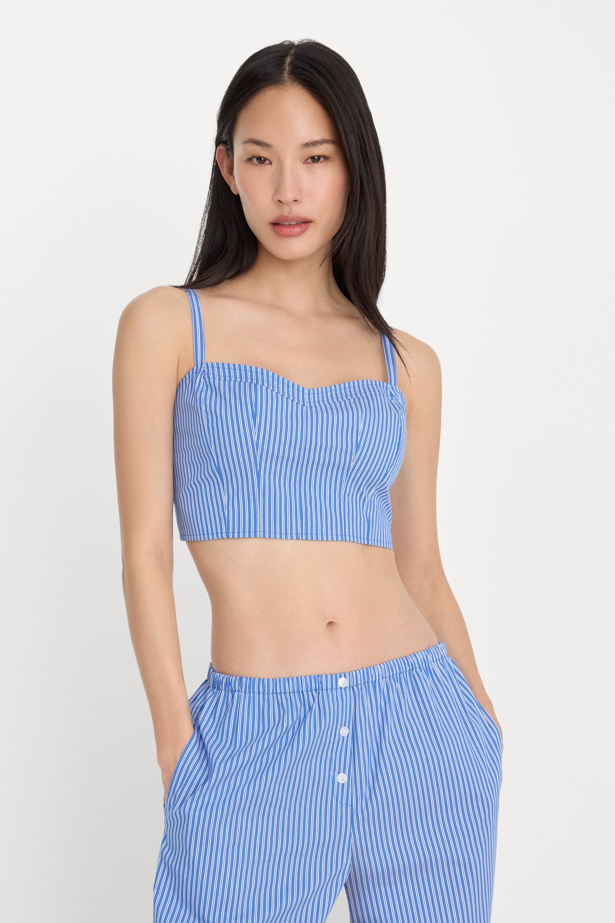 POPLIN BUSTIER CAMI TOP BLUE AND WHITE STRIPE