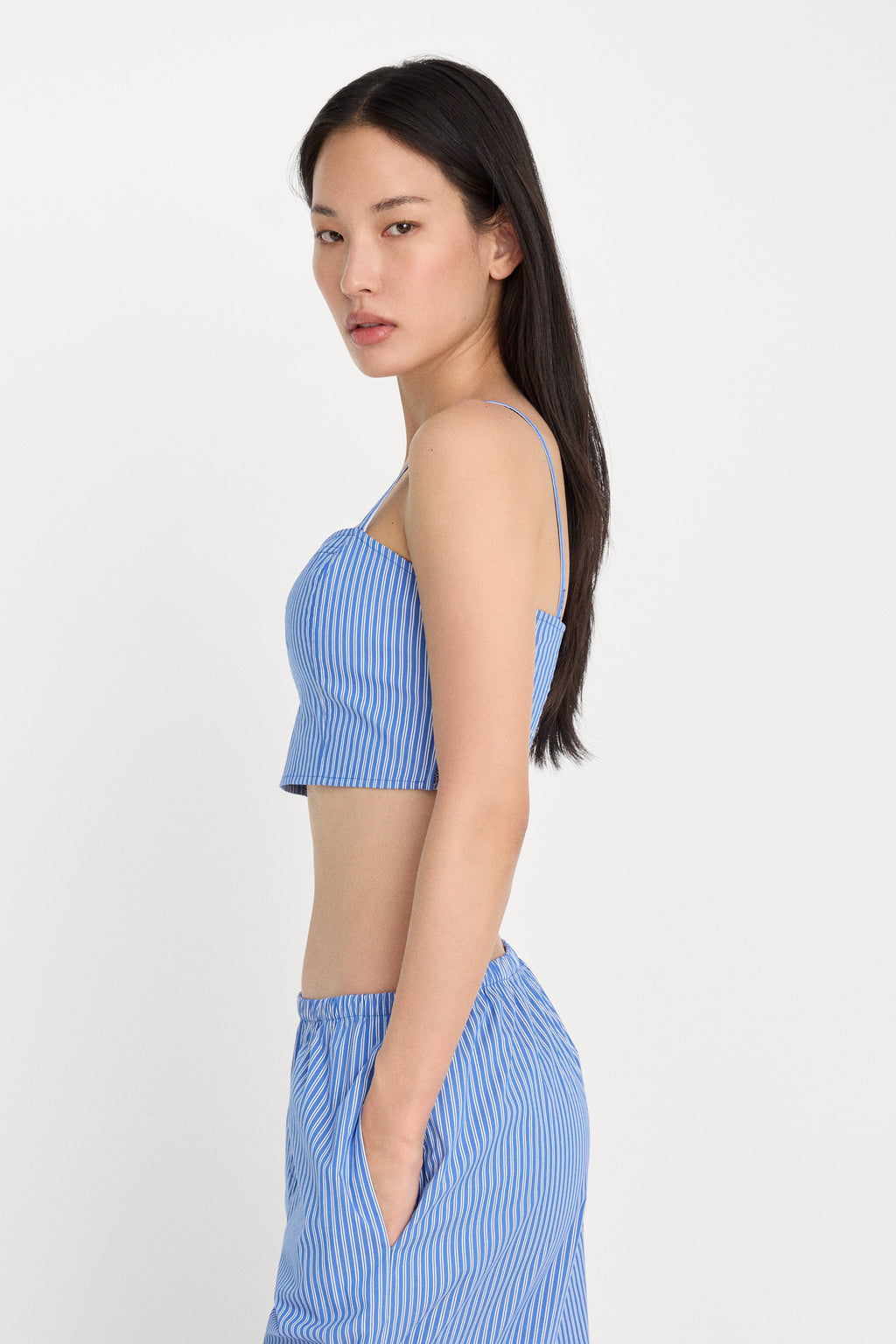POPLIN BUSTIER CAMI TOP BLUE AND WHITE STRIPE