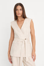 LINEN SLEEVELESS BELTED VEST OAT