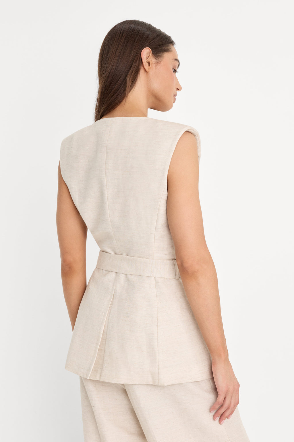 LINEN SLEEVELESS BELTED VEST OAT