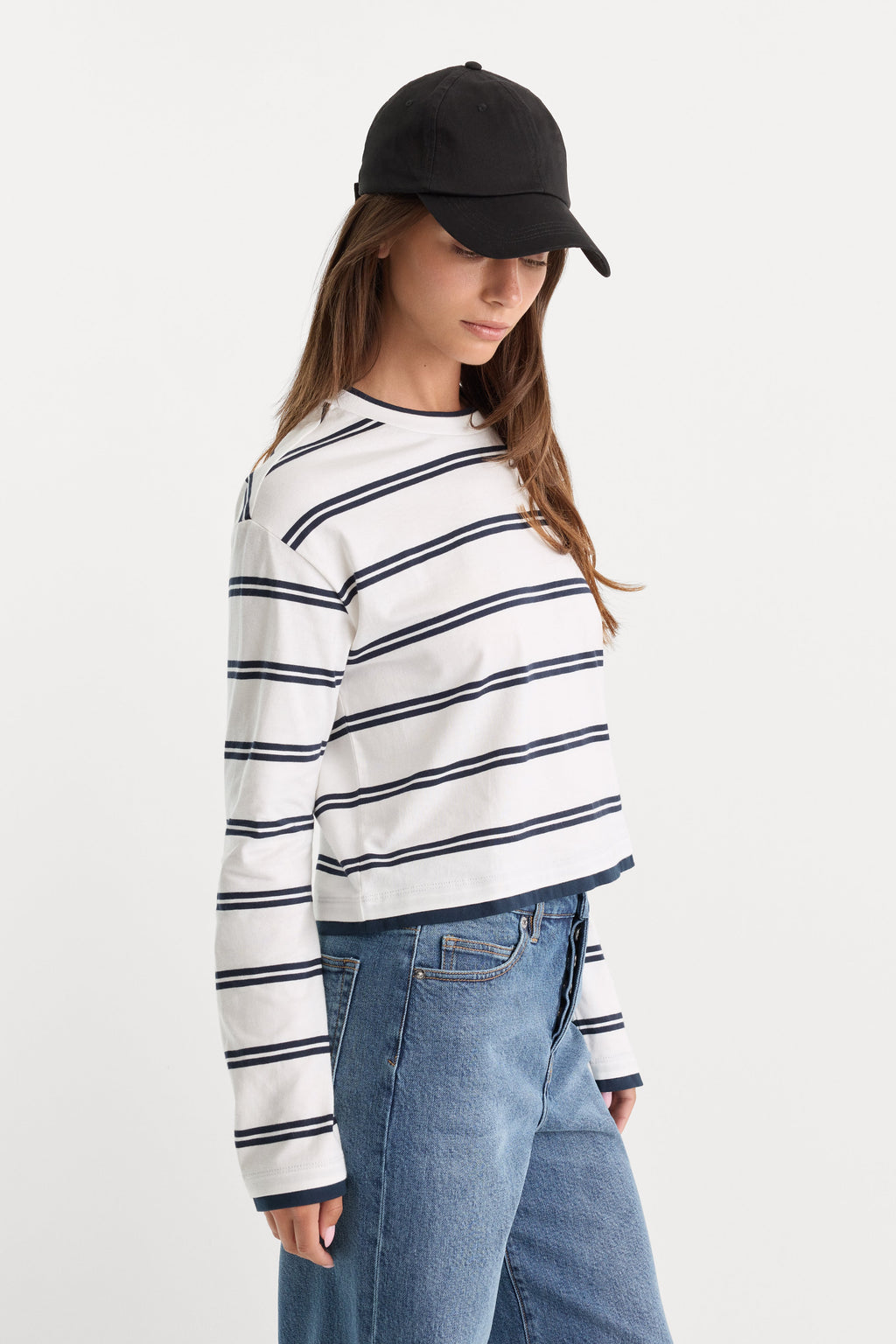 THE LONG SLEEVE LAYERED TEE NAVY DOUBLE STRIPE