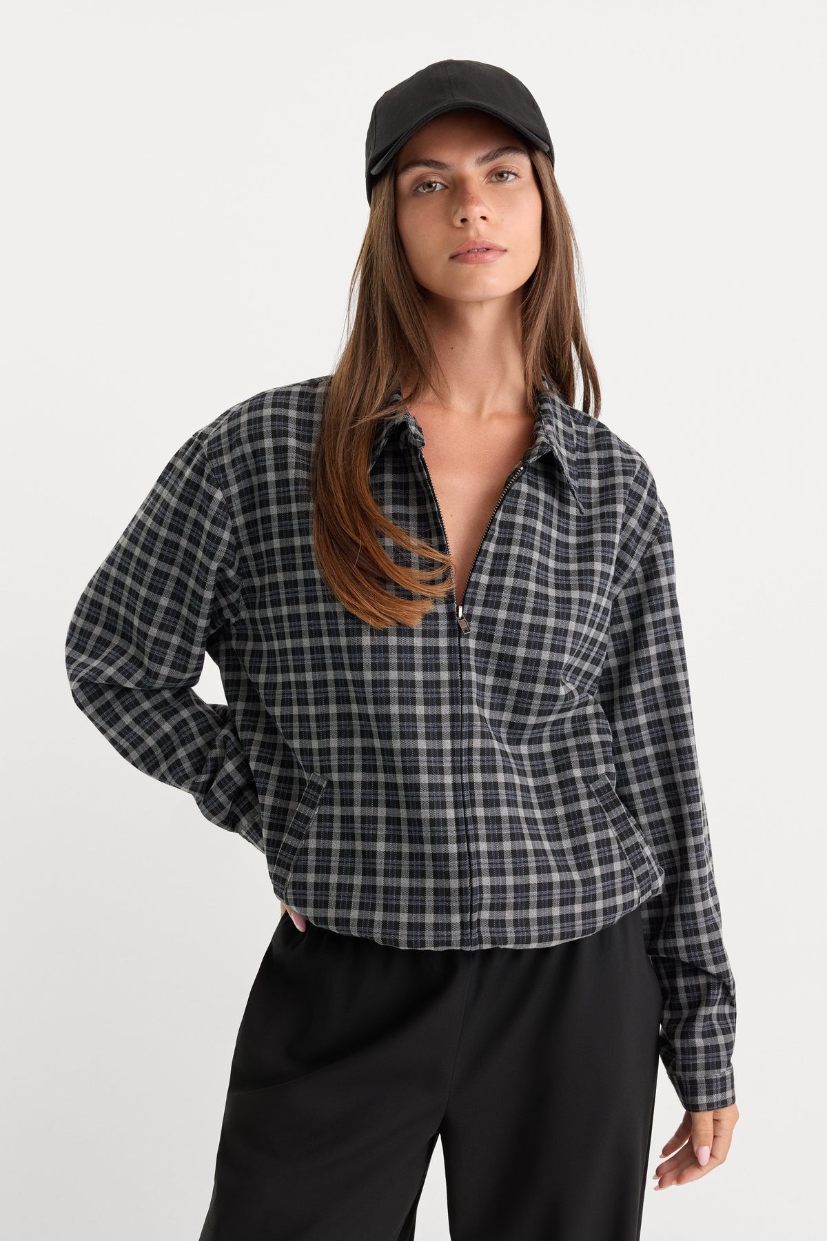 THE LIGHTWEIGHT BOMBER JACKET CHARCOAL PLAID