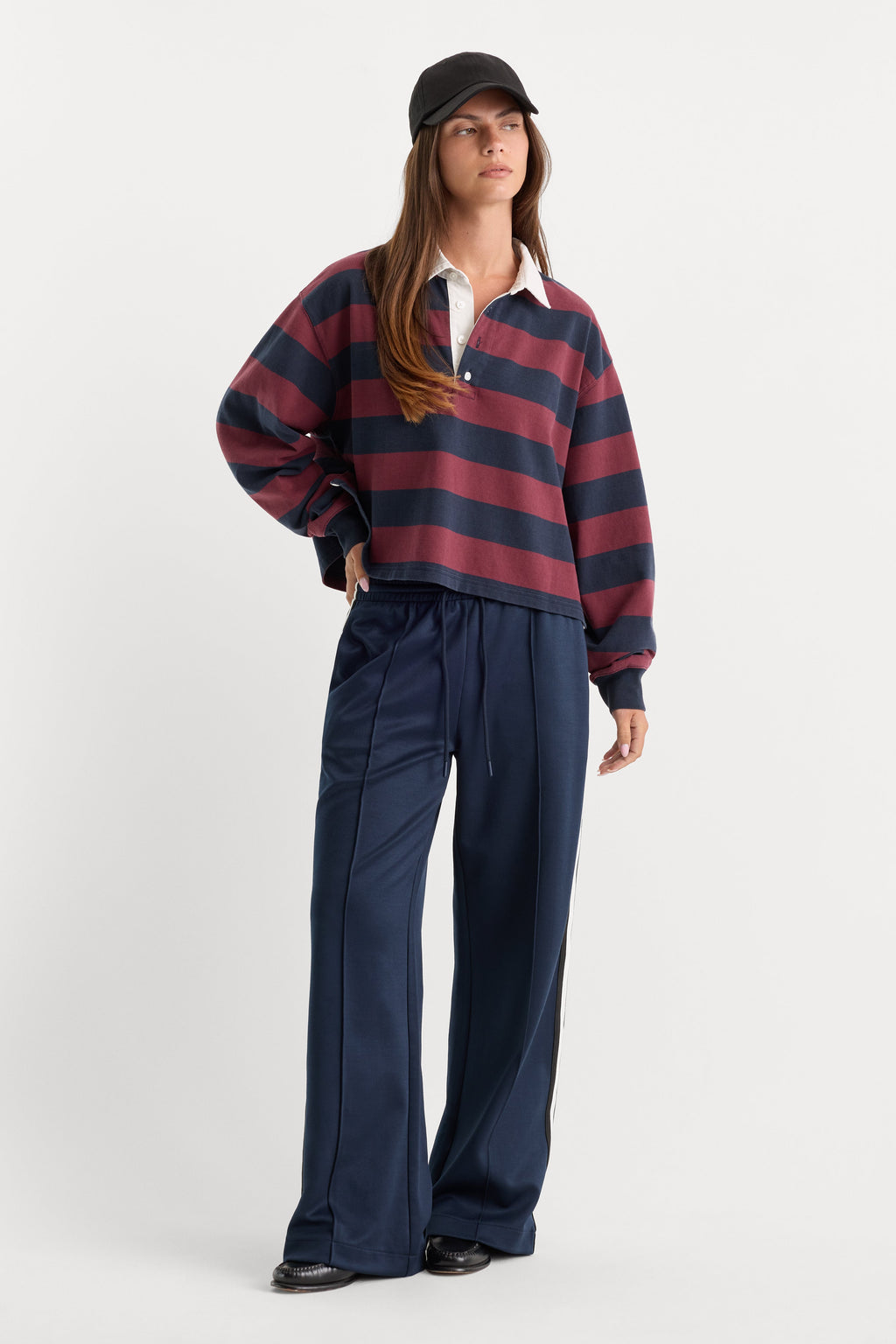 THE CROPPED RUGBY POLO NAVY BERRY NOIR BLOCK STRIPE