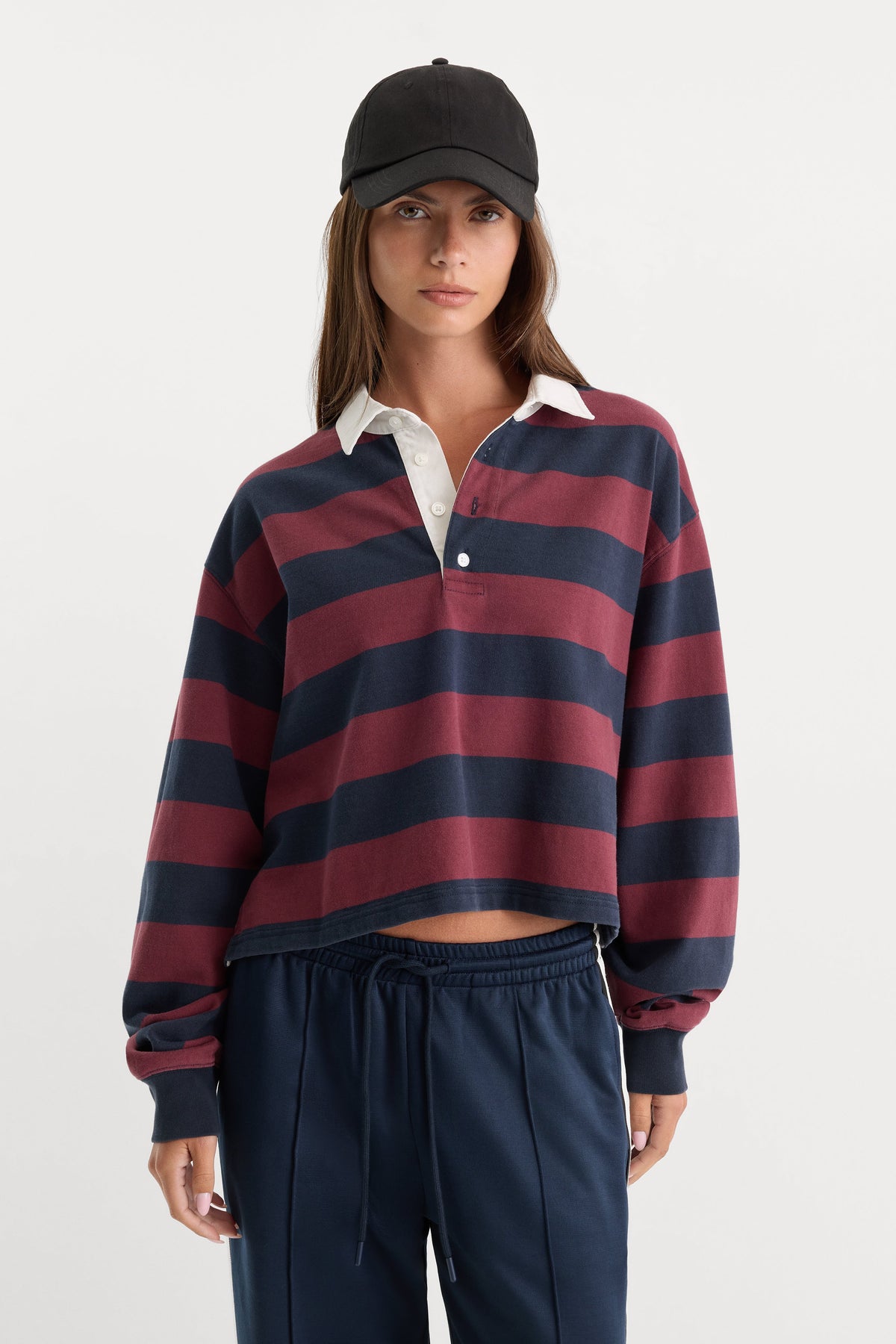 THE CROPPED RUGBY POLO NAVY BERRY NOIR BLOCK STRIPE