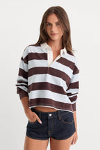 THE CROPPED RUGBY POLO ESPRESSO SKY BLOCK STRIPE