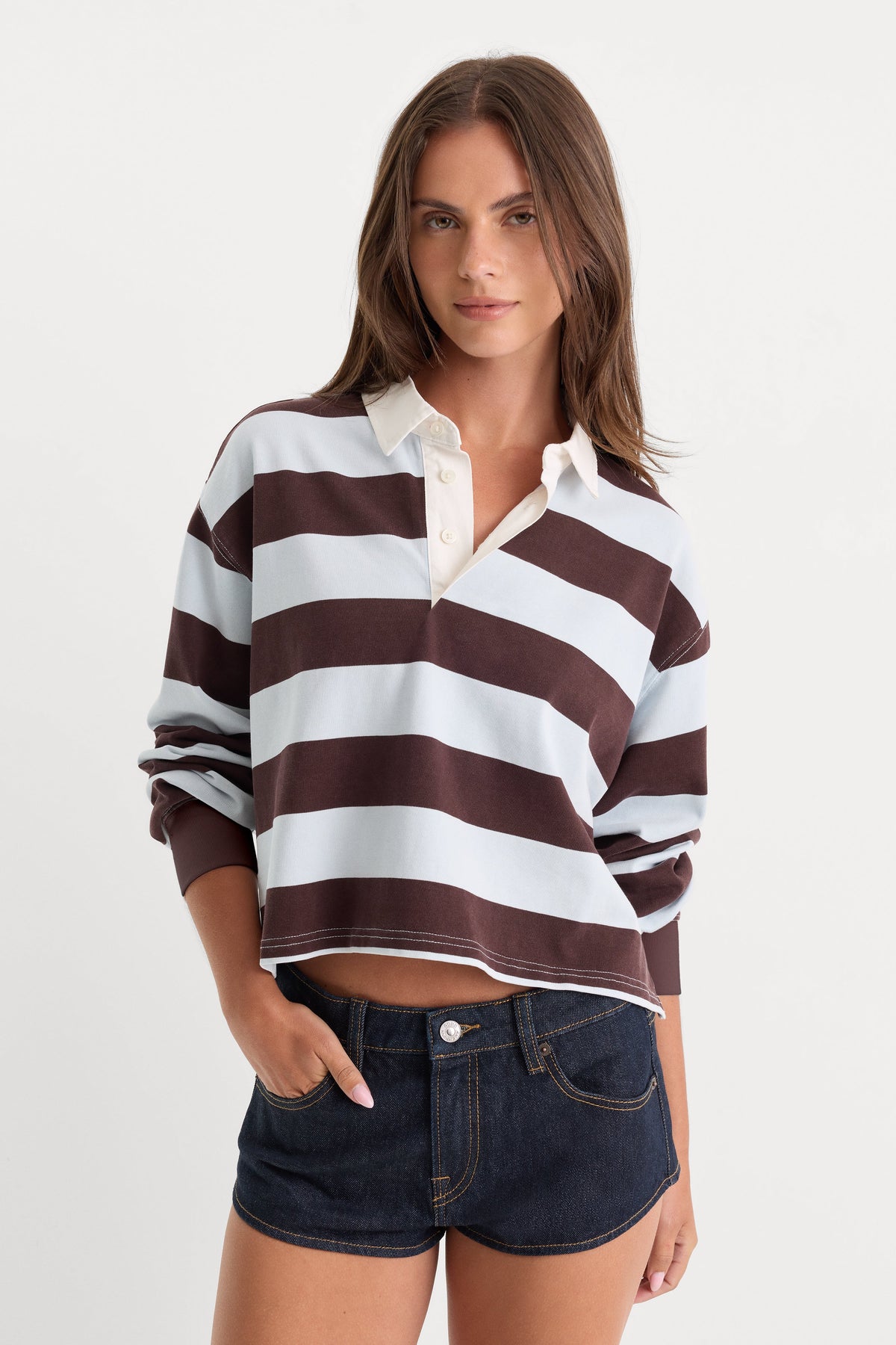 THE CROPPED RUGBY POLO ESPRESSO SKY BLOCK STRIPE