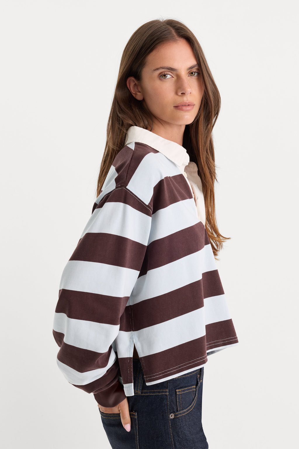 THE CROPPED RUGBY POLO ESPRESSO SKY BLOCK STRIPE
