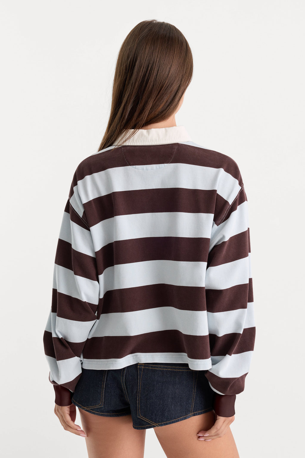 THE CROPPED RUGBY POLO ESPRESSO SKY BLOCK STRIPE