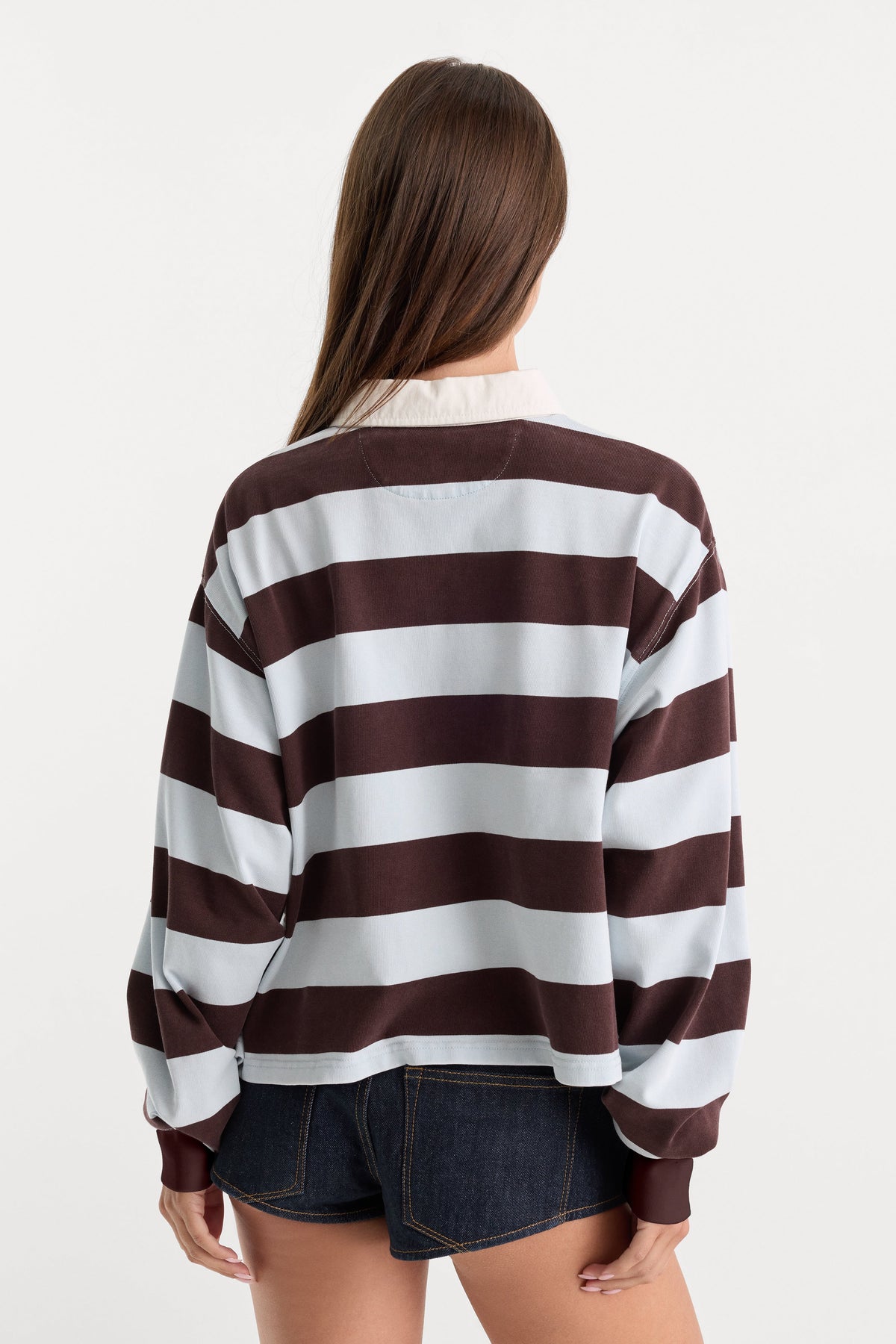 THE CROPPED RUGBY POLO ESPRESSO SKY BLOCK STRIPE