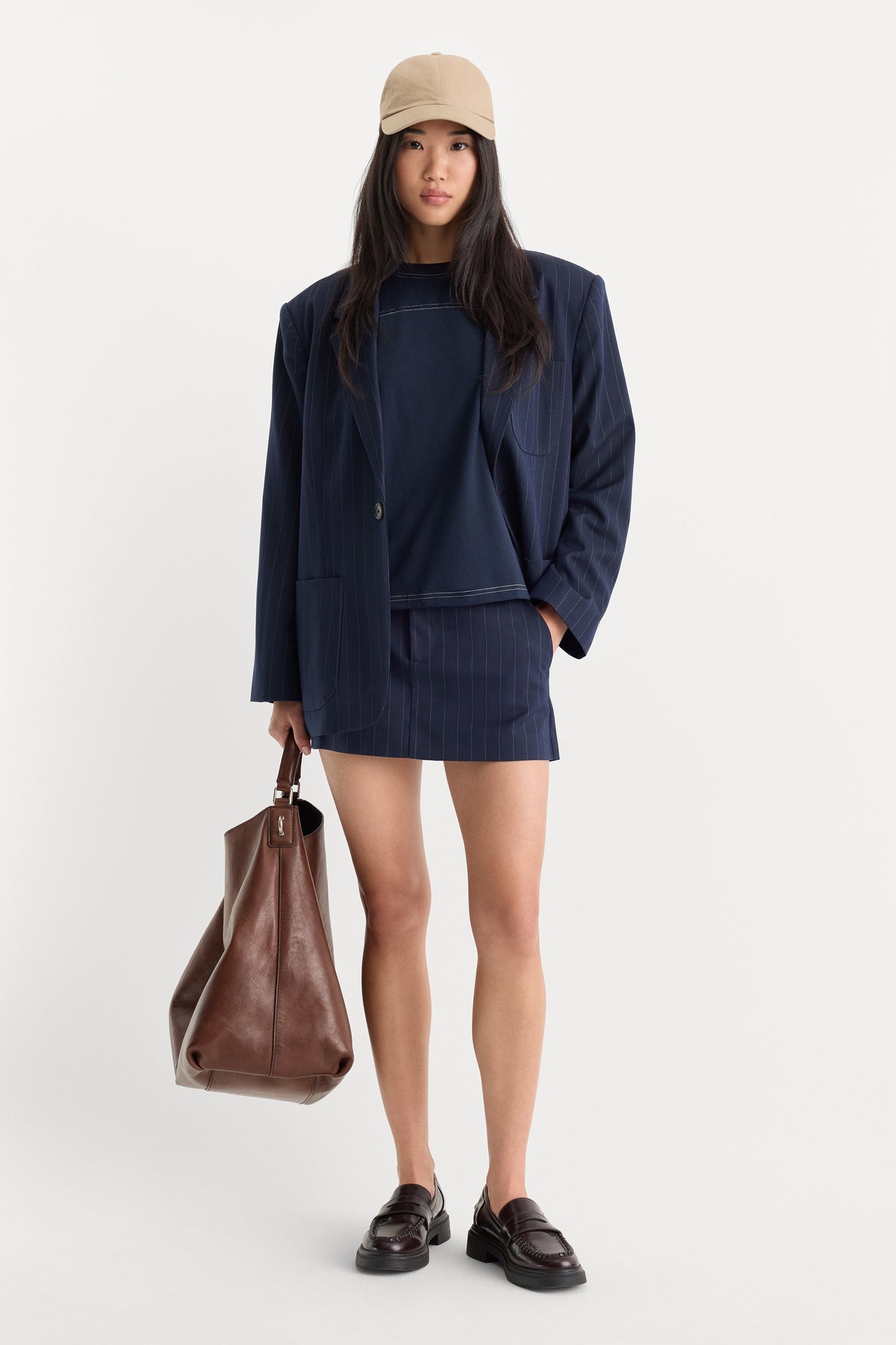 THE TROUSER MINI SKIRT NAVY PINSTRIPE