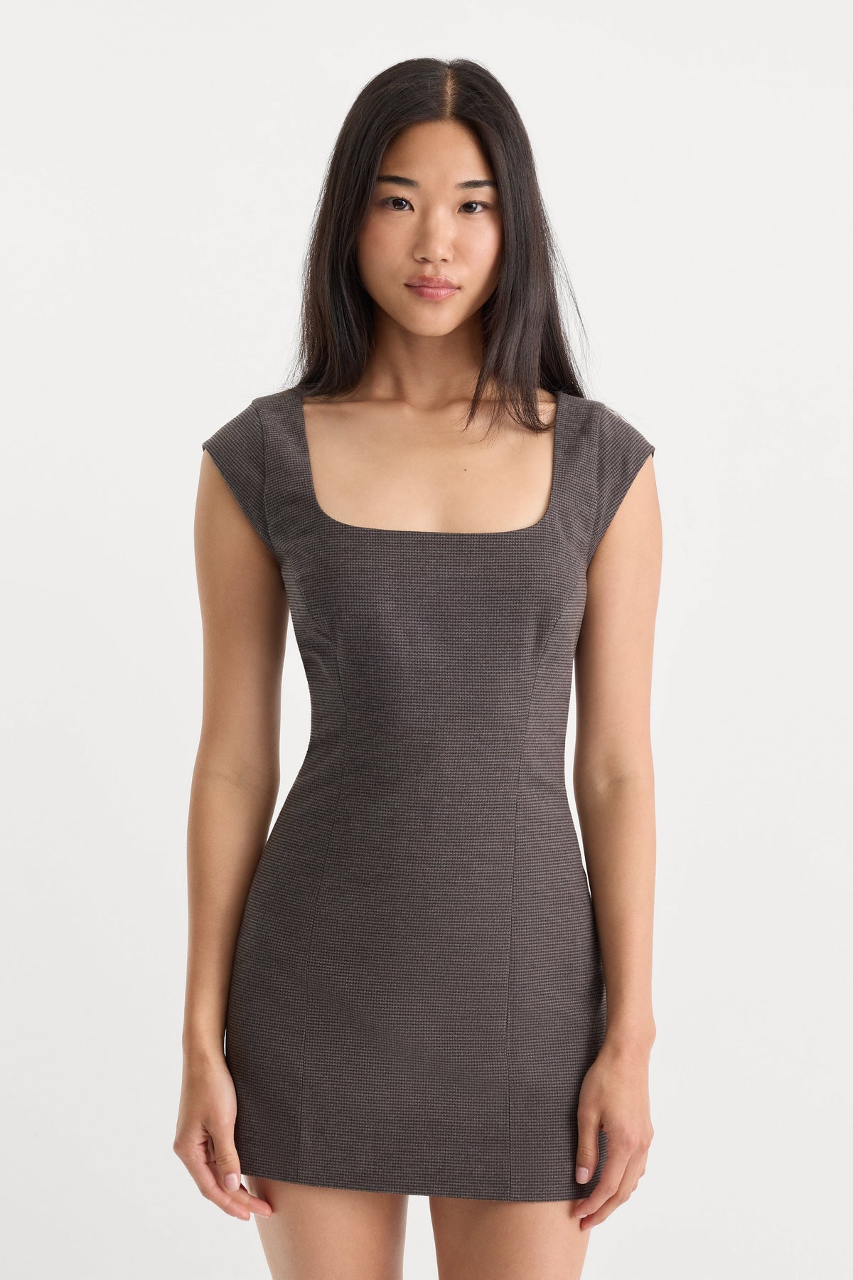 THE CAP SLEEVE MINI DRESS CHARCOAL MINI HOUNDSTOOTH