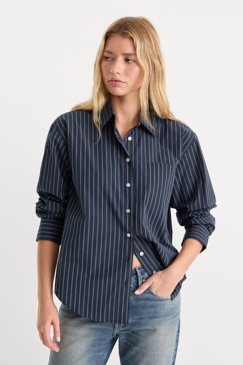 THE POPLIN EASY SHIRT NAVY STRIPE