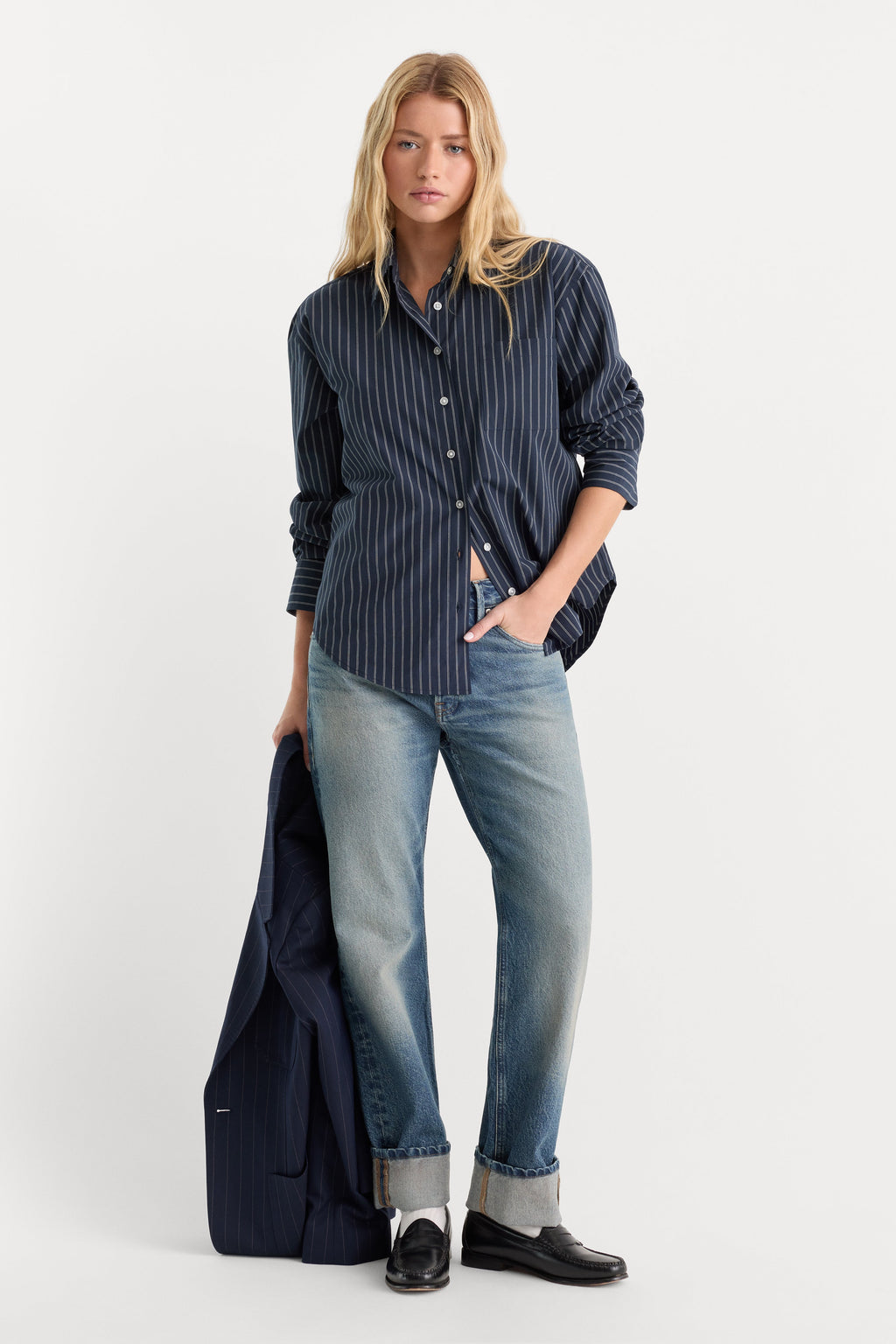THE POPLIN EASY SHIRT NAVY STRIPE