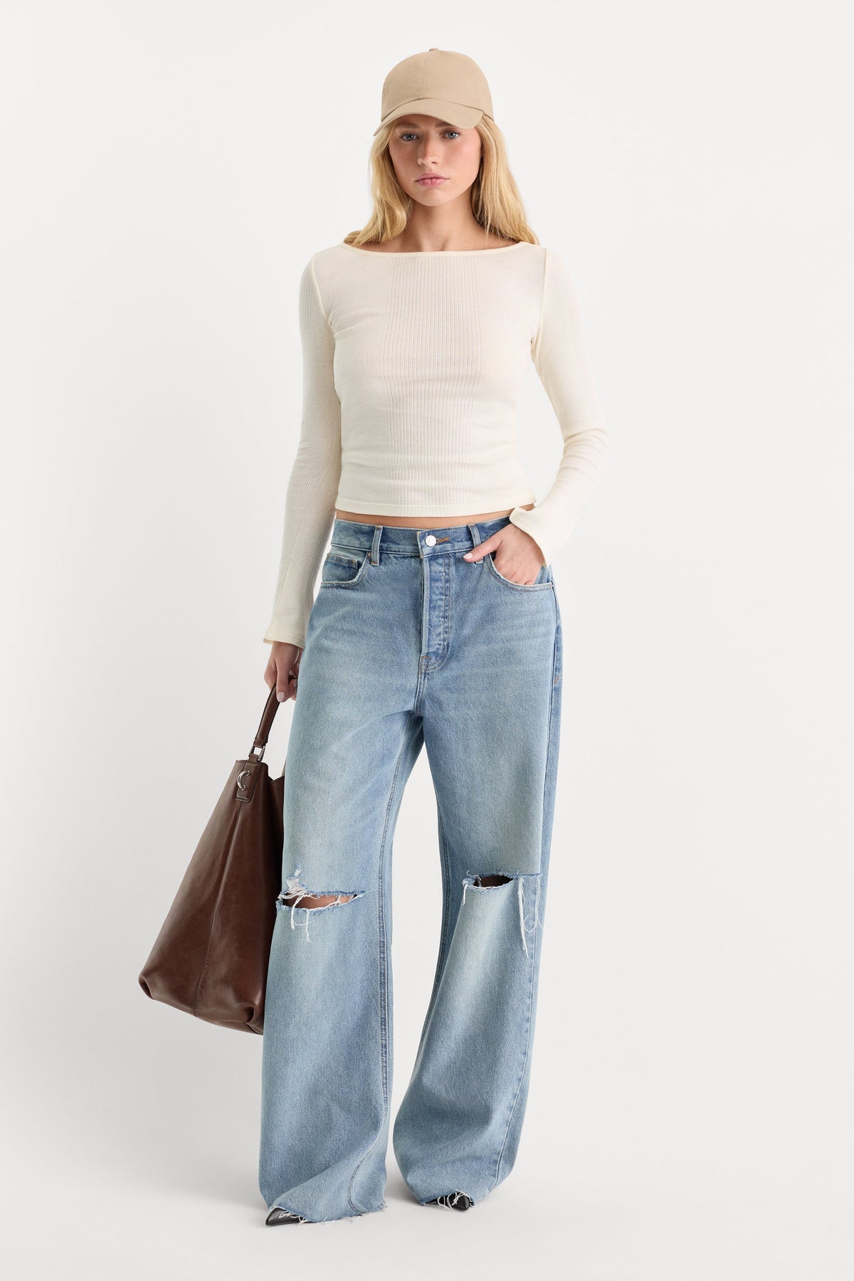THE VARIEGATED RIB LONG SLEEVE TOP CHALK