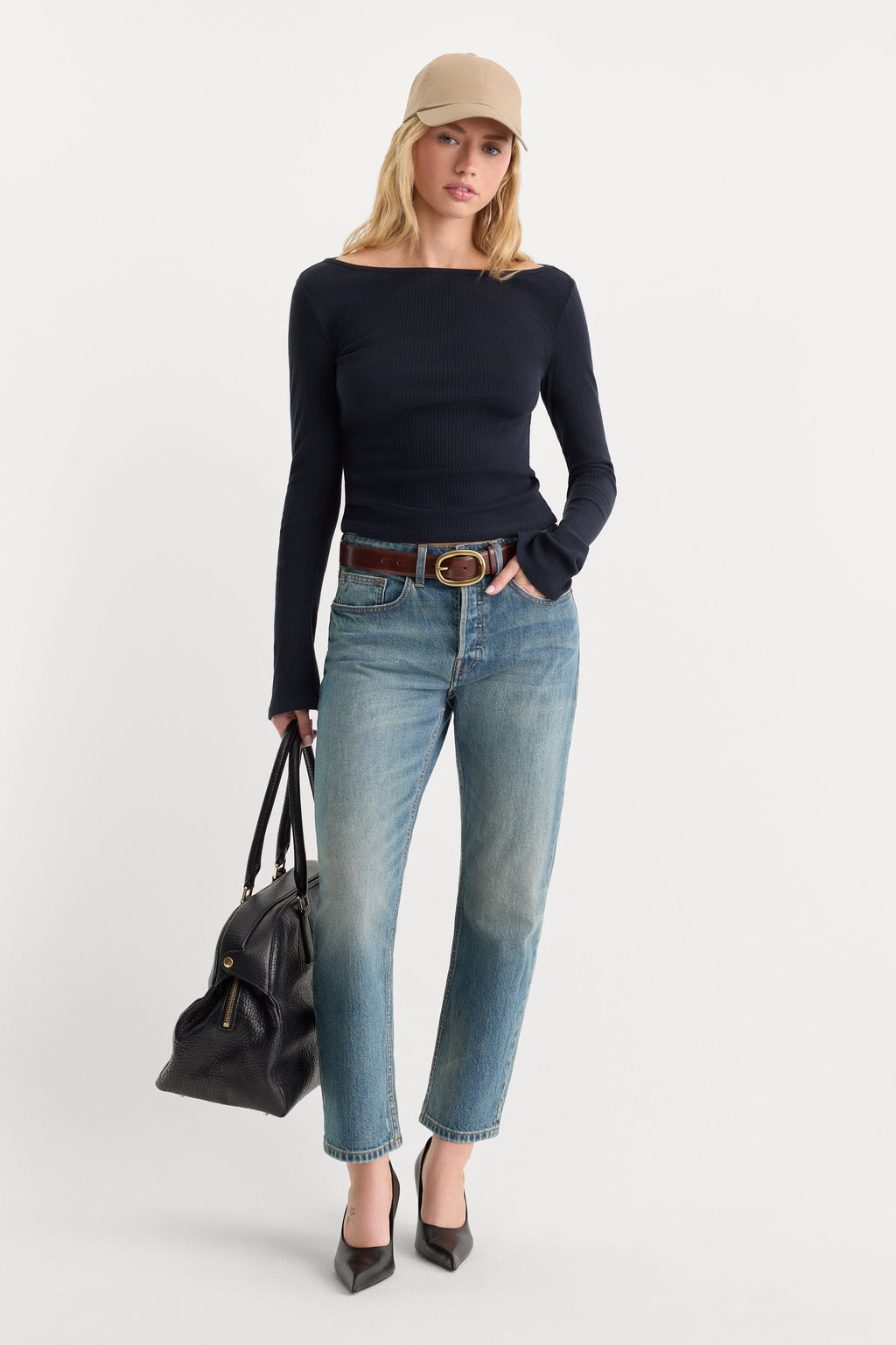 THE VARIEGATED RIB LONG SLEEVE TOP NEW NAVY002