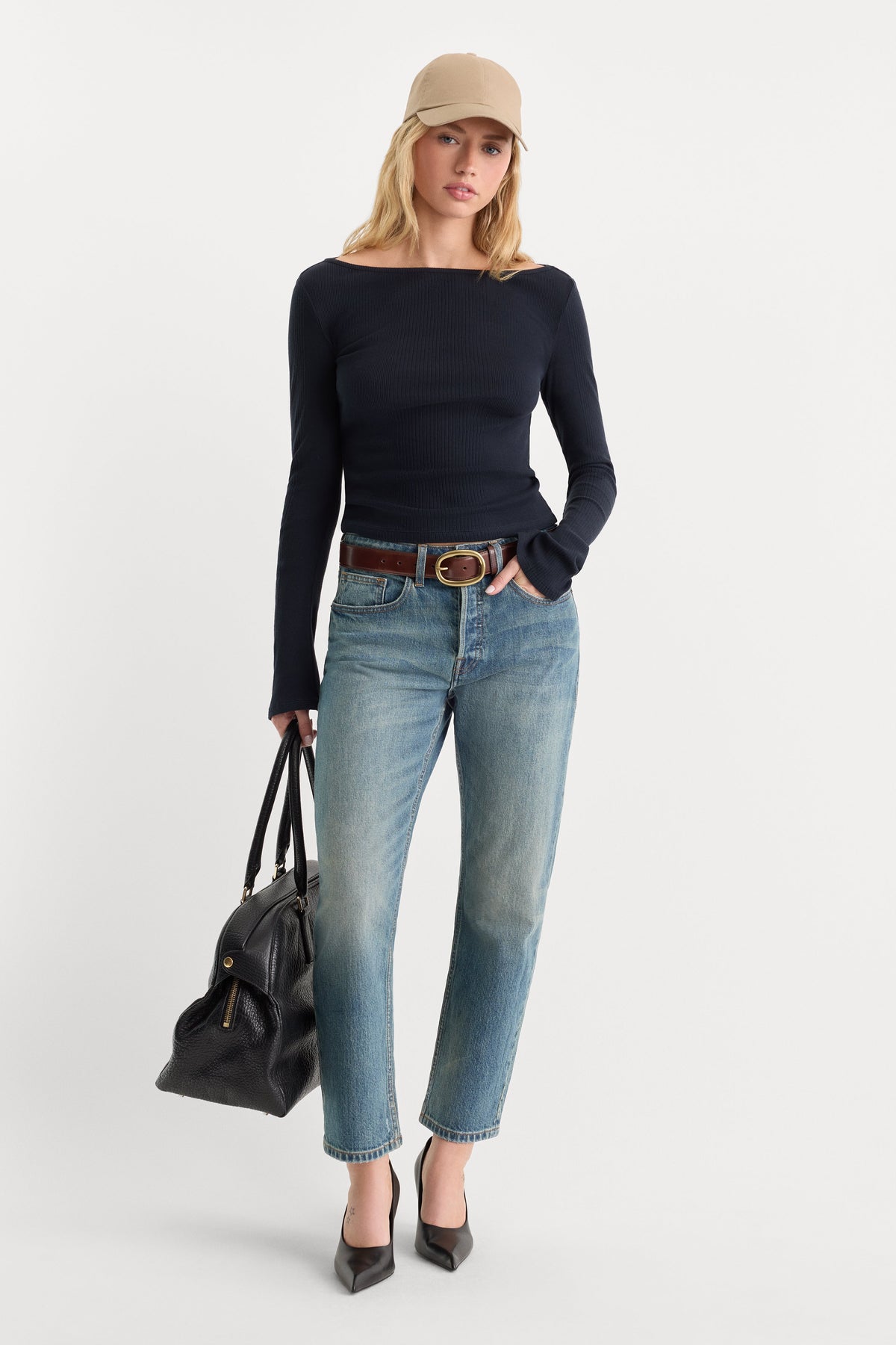 THE VARIEGATED RIB LONG SLEEVE TOP NEW NAVY002