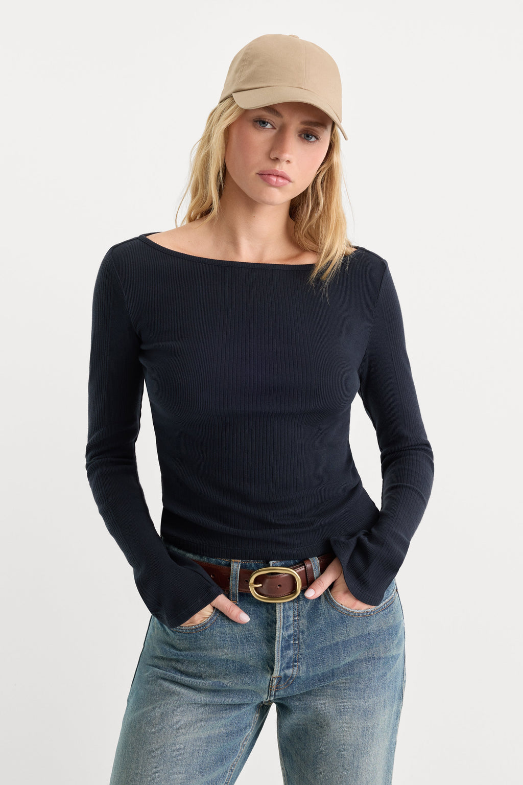 THE VARIEGATED RIB LONG SLEEVE TOP NEW NAVY002