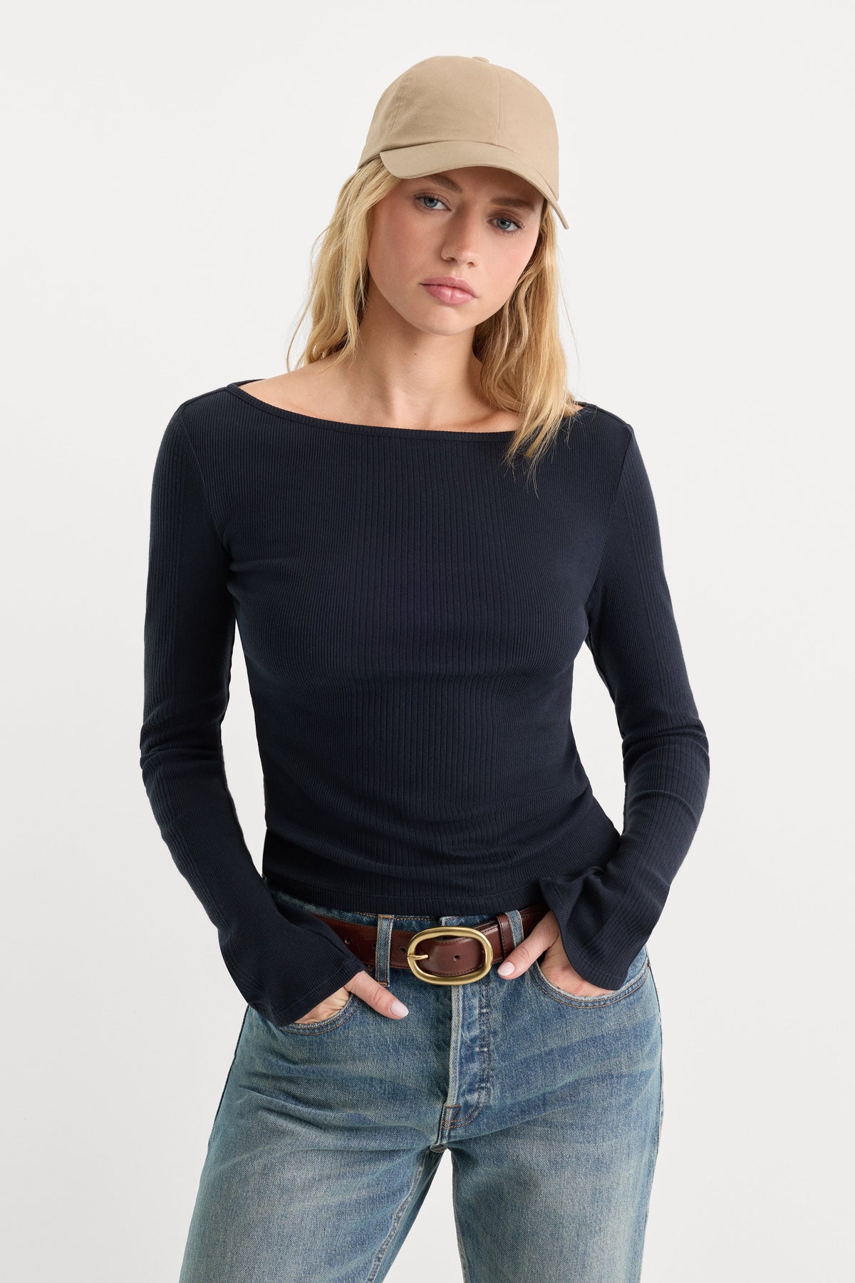 THE VARIEGATED RIB LONG SLEEVE TOP NEW NAVY002