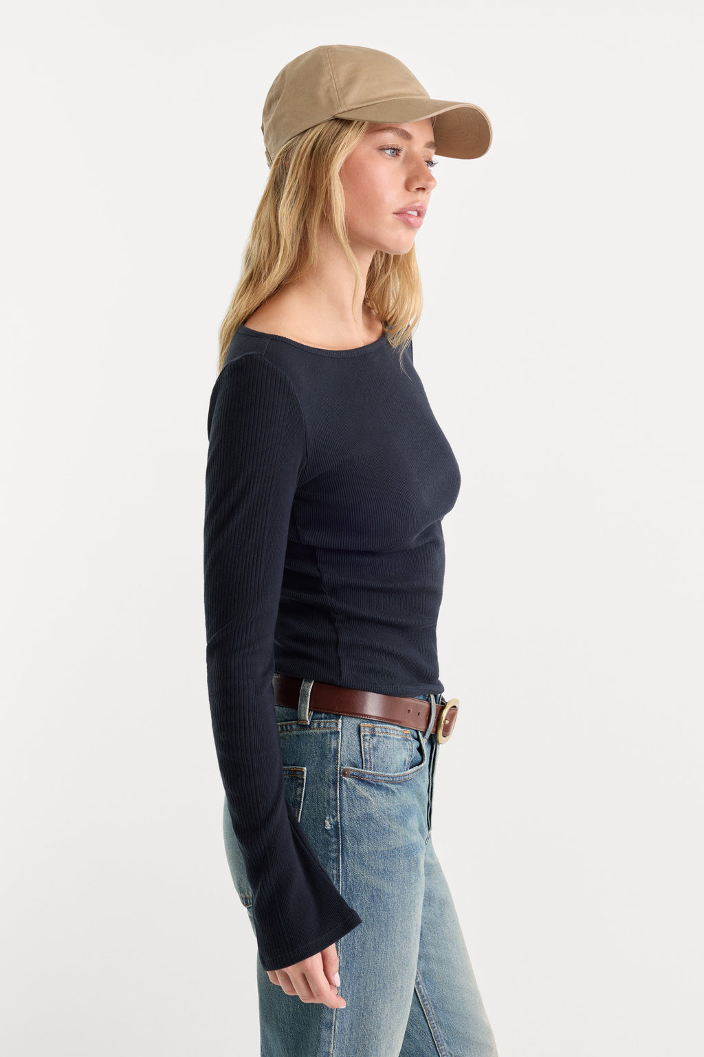 THE VARIEGATED RIB LONG SLEEVE TOP NEW NAVY002