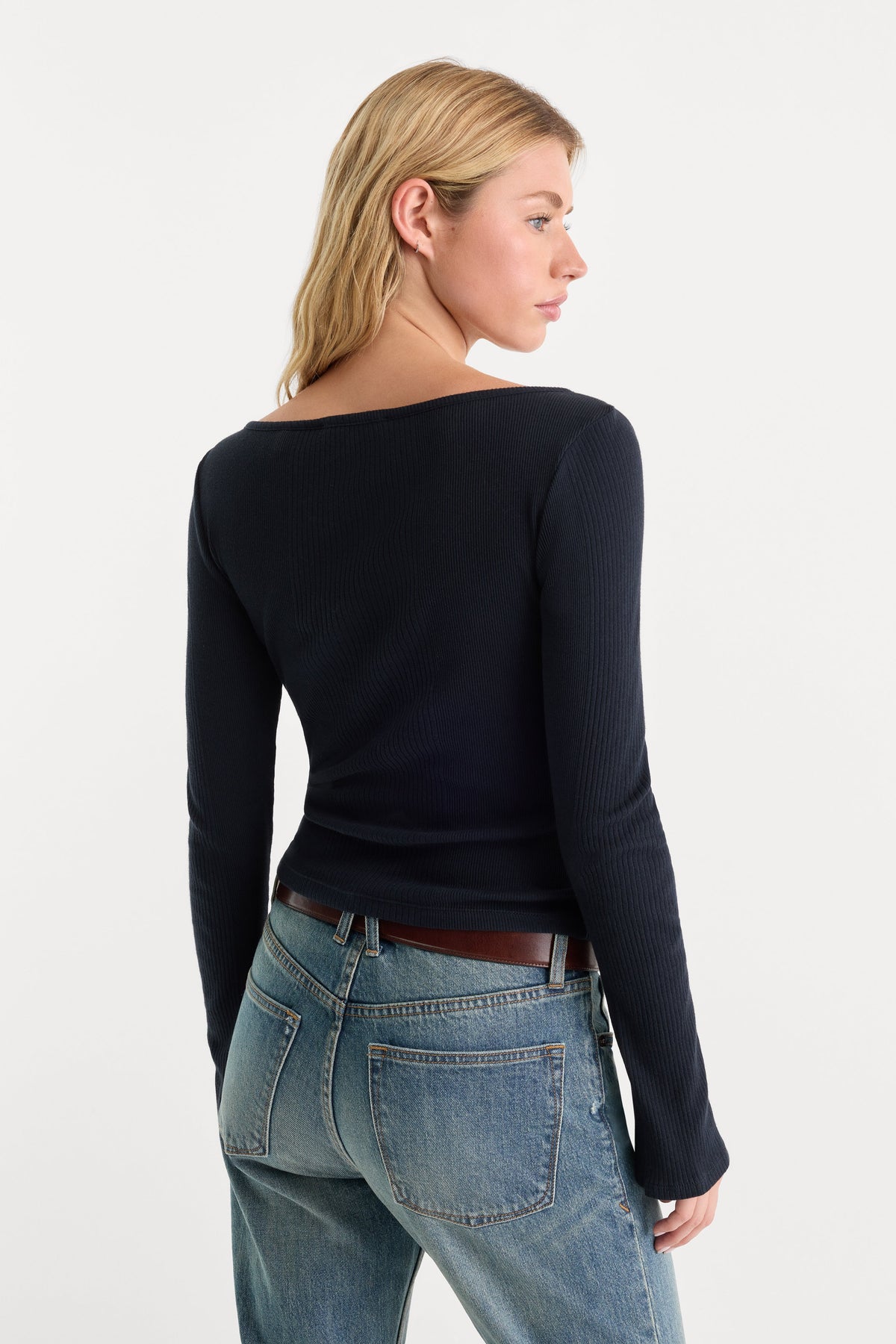 THE VARIEGATED RIB LONG SLEEVE TOP NEW NAVY002