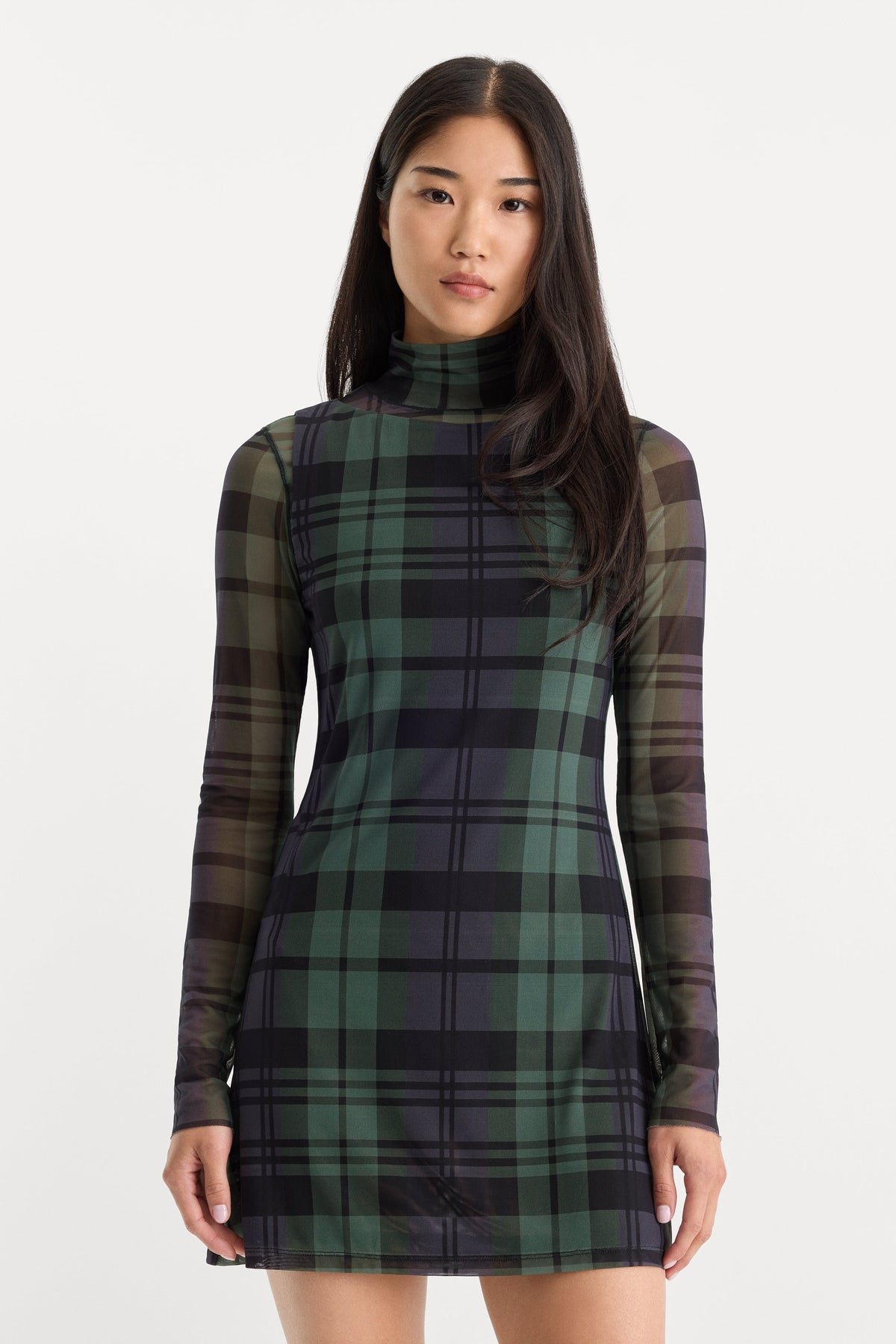 THE MESH MINI DRESS NAVY AND GREEN PLAID