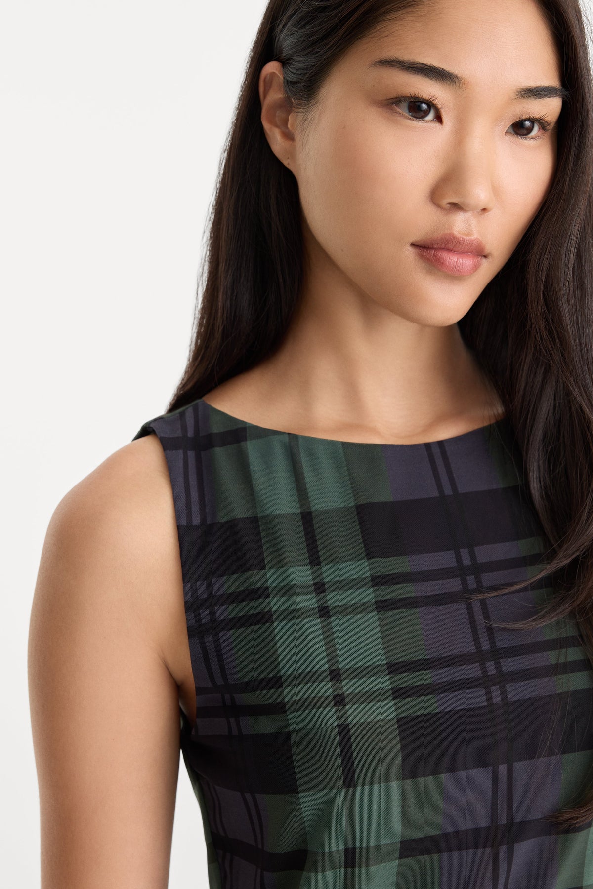 THE MESH MINI DRESS NAVY AND GREEN PLAID