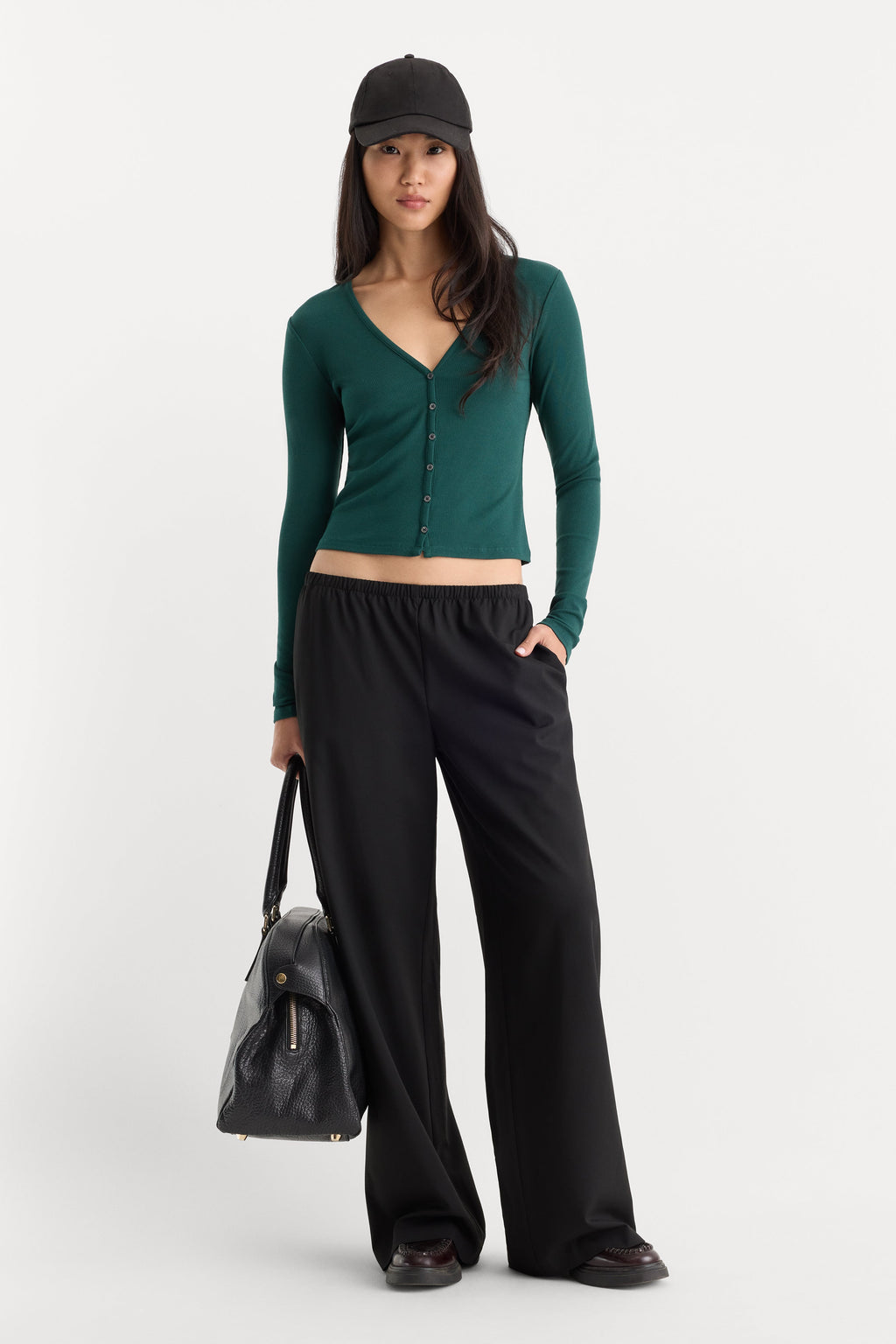 THE RIB V NECK CARDIGAN FOREST GREEN
