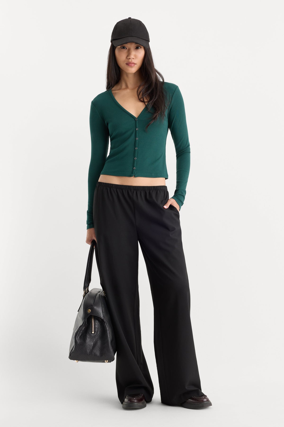 THE RIB V NECK CARDIGAN FOREST GREEN