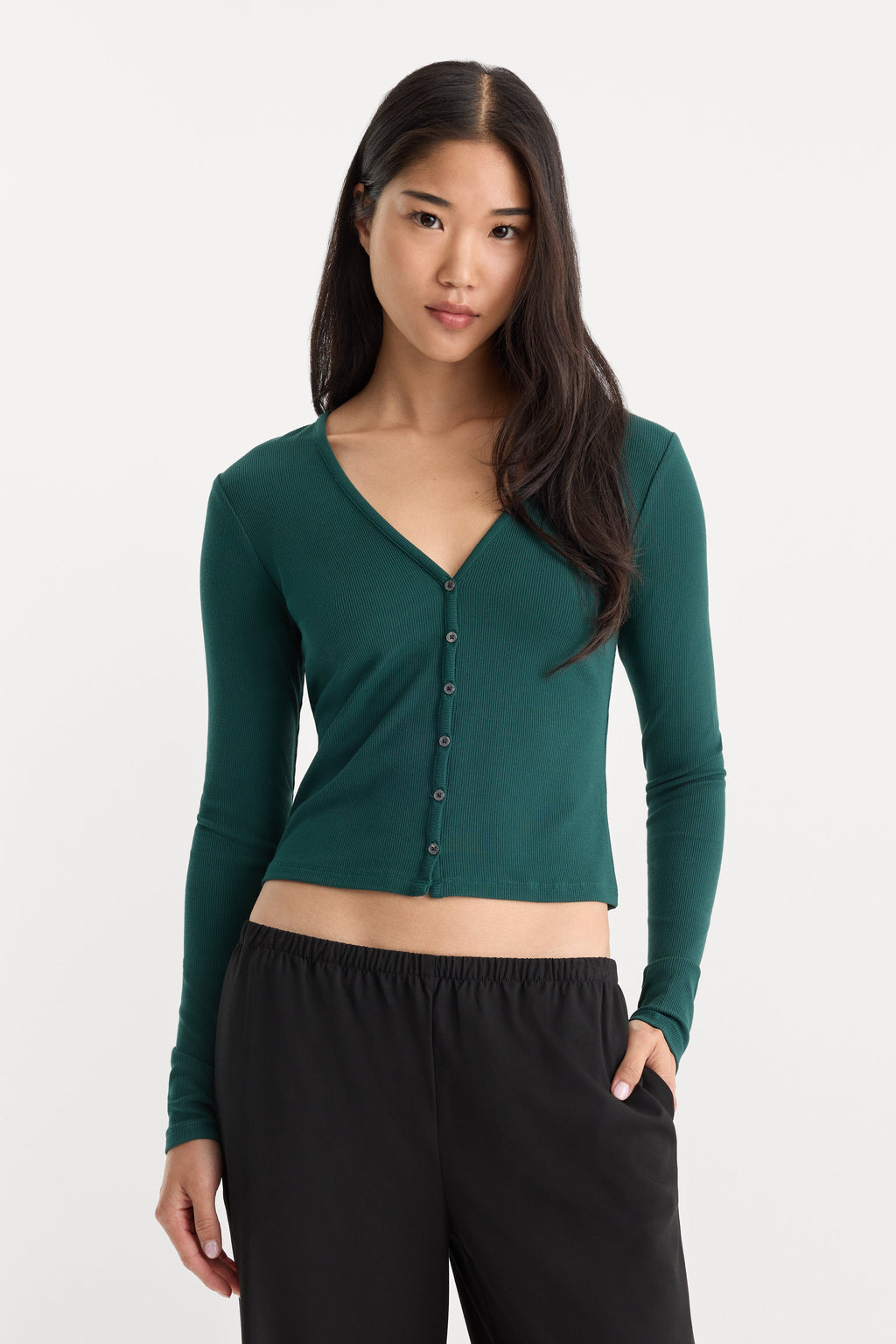 THE RIB V NECK CARDIGAN FOREST GREEN