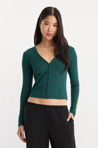 THE RIB V NECK CARDIGAN FOREST GREEN