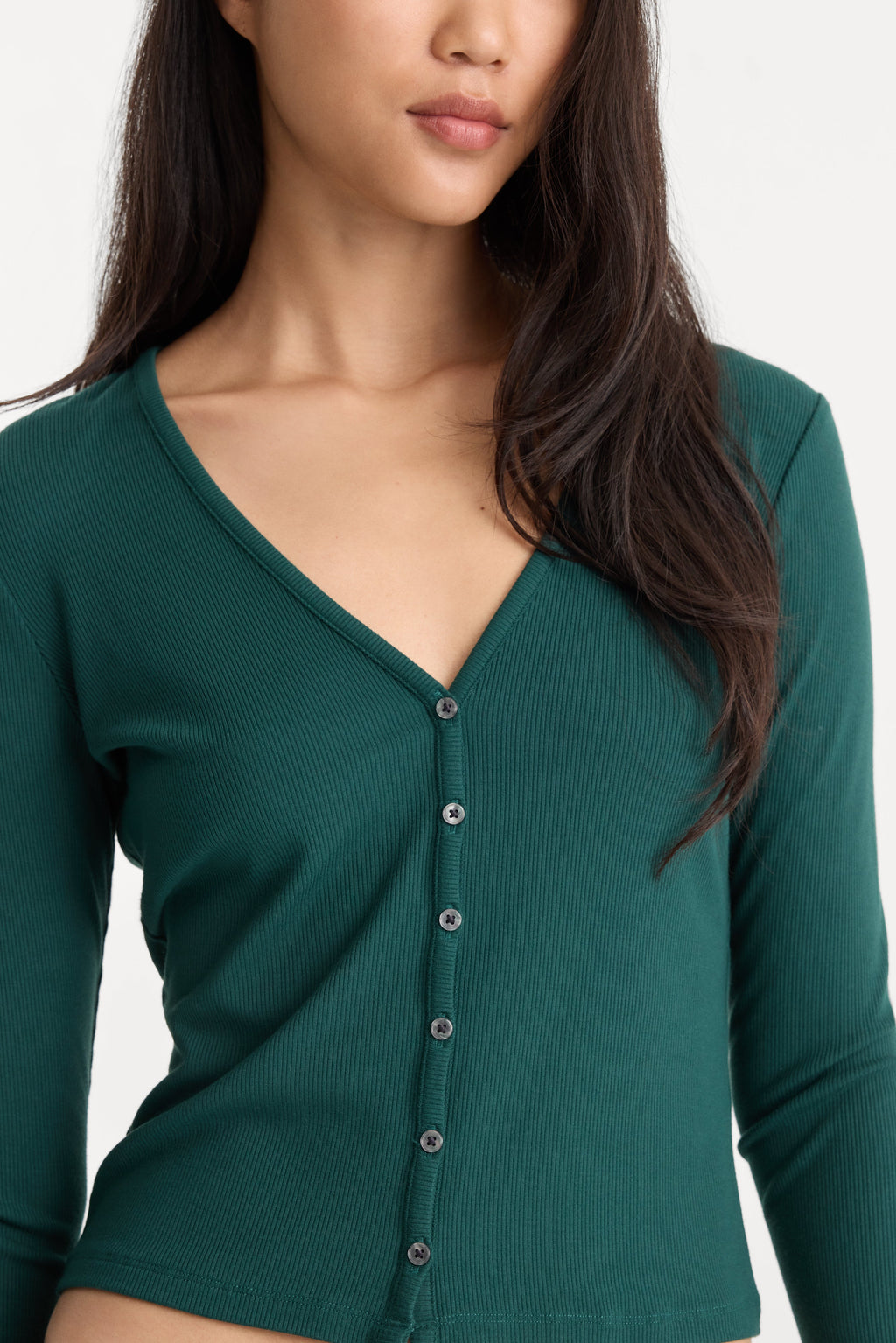 THE RIB V NECK CARDIGAN FOREST GREEN