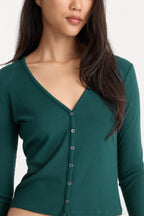THE RIB V NECK CARDIGAN FOREST GREEN
