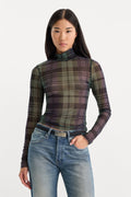 THE MESH TURTLENECK NAVY AND GREEN PLAID